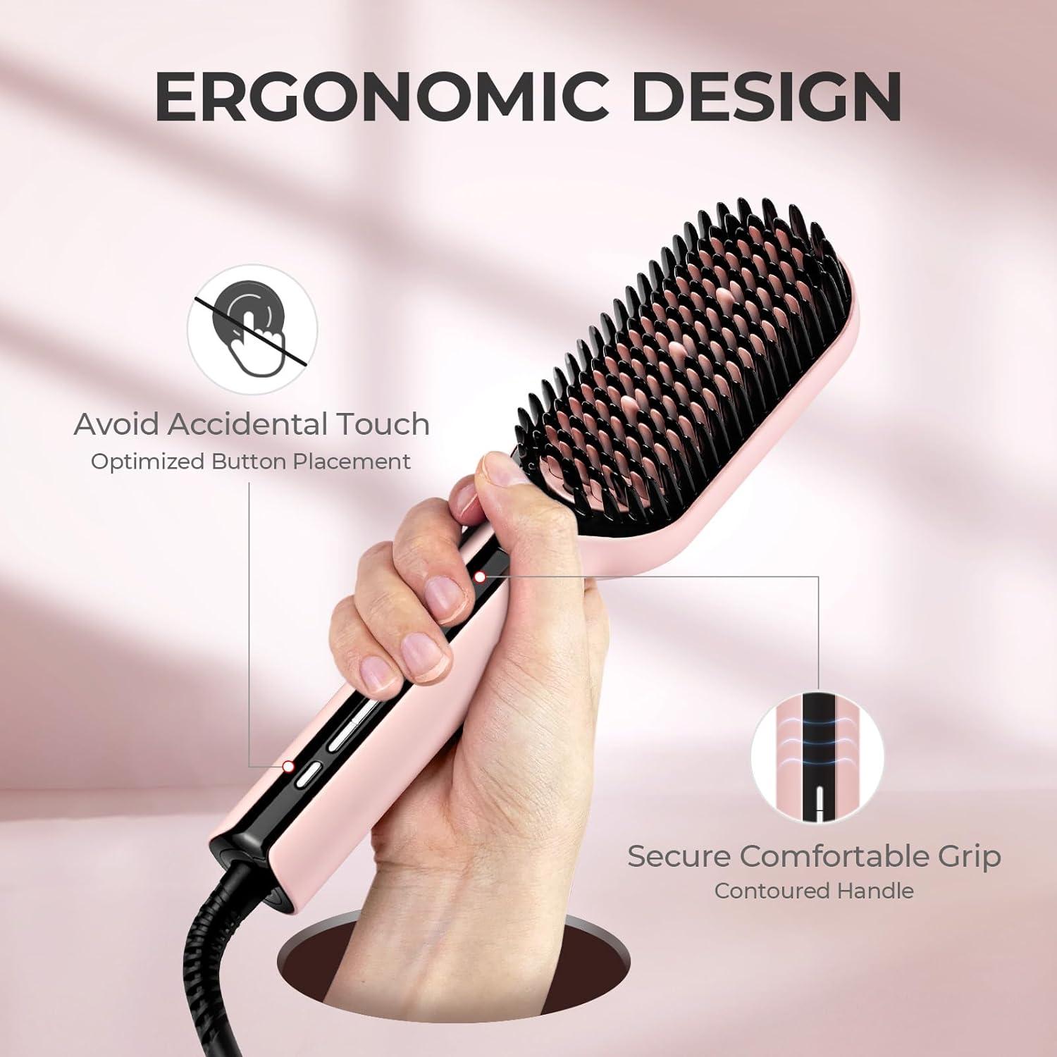 TYMO Hair Straightener Brush – Upgraded Ionic Plus Straightening Brush with Dense Bristles, 16 Temps, Dual Voltage | Ceramic Hot Comb for Women | Flat Iron for Thick Curly Hair, Black(Pink)