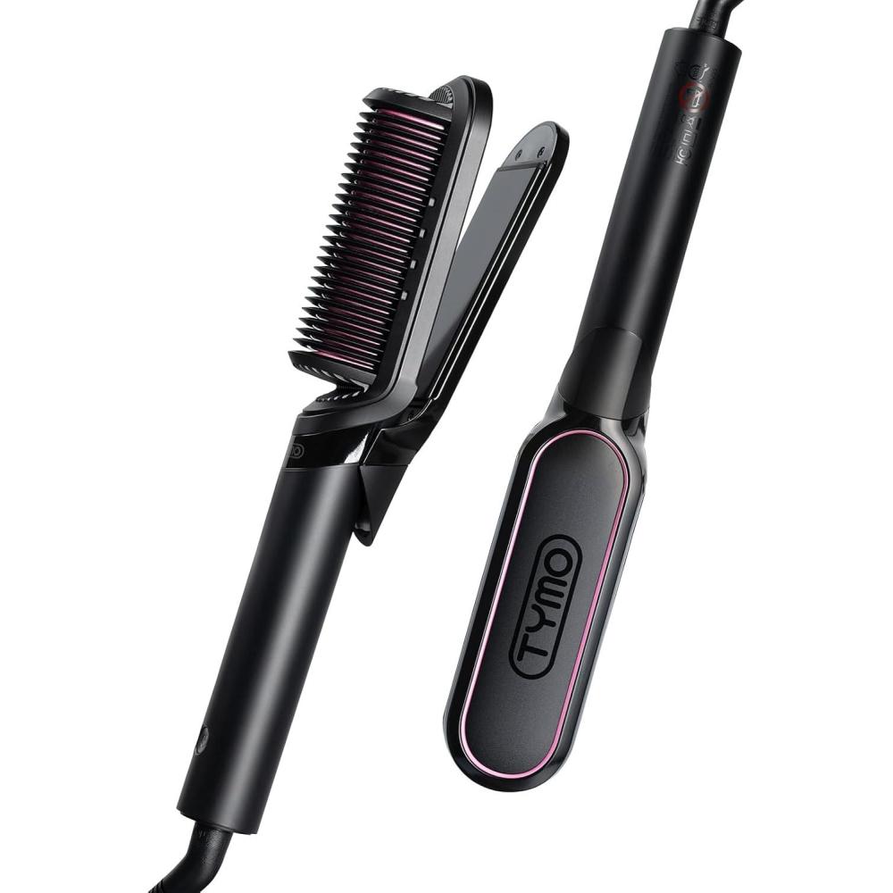 TYMO Flat Iron Hair Straightener Brush 2 in 1, 200M Ions Hair Straighteners for Women, Ceramic Dual Voltage Straightening Hot Comb for Anti-Frizz Straights, Waves, Curls, 3X Less Heat Damage, Black(Black)