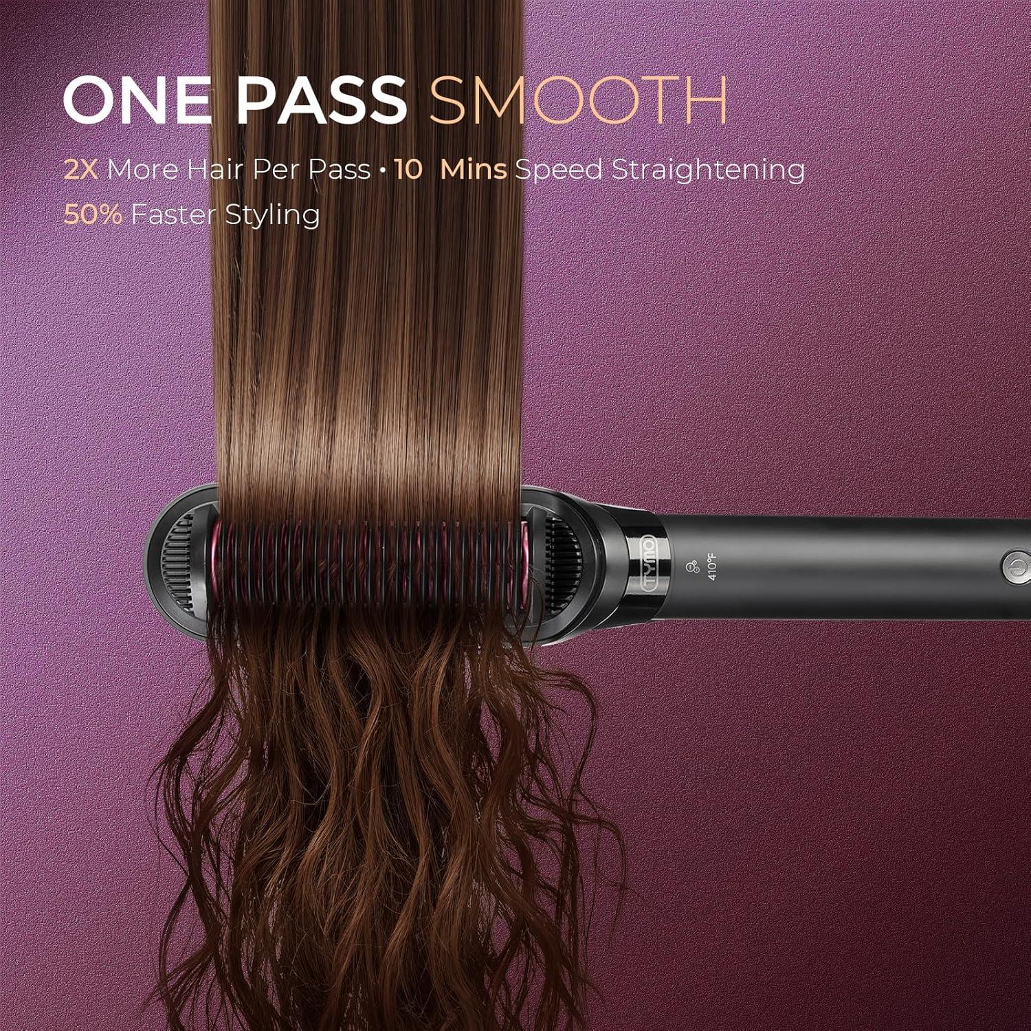 TYMO Flat Iron Hair Straightener Brush 2 in 1, 200M Ions Hair Straighteners for Women, Ceramic Dual Voltage Straightening Hot Comb for Anti-Frizz Straights, Waves, Curls, 3X Less Heat Damage, Black(Black)