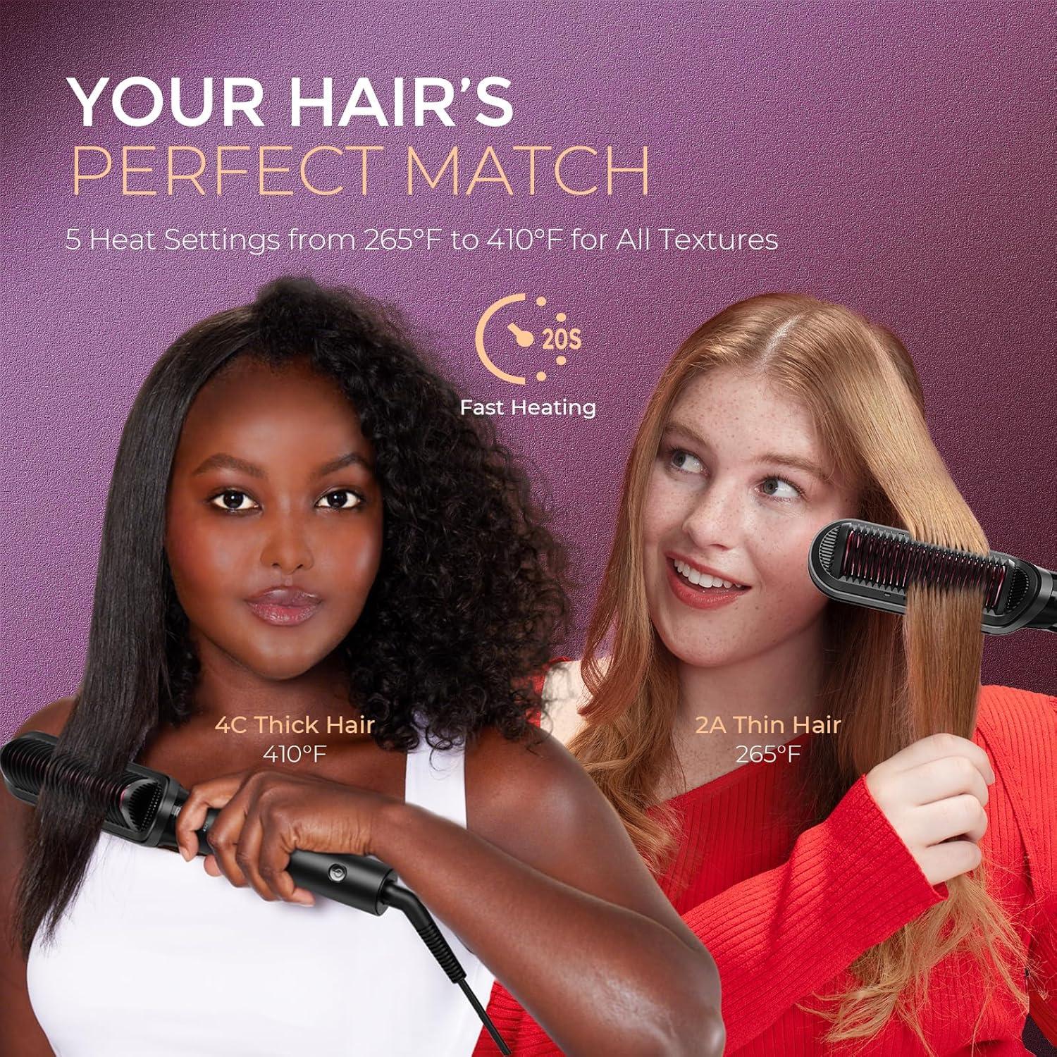 TYMO Flat Iron Hair Straightener Brush 2 in 1, 200M Ions Hair Straighteners for Women, Ceramic Dual Voltage Straightening Hot Comb for Anti-Frizz Straights, Waves, Curls, 3X Less Heat Damage, Black(Black)