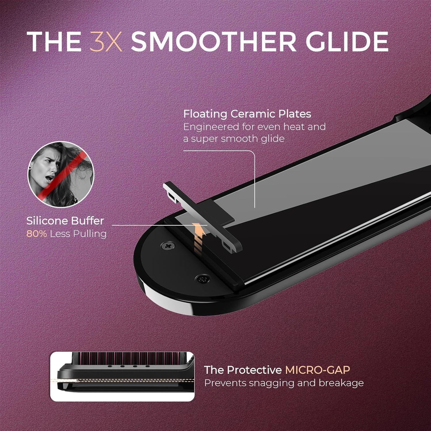 TYMO Flat Iron Hair Straightener Brush 2 in 1, 200M Ions Hair Straighteners for Women, Ceramic Dual Voltage Straightening Hot Comb for Anti-Frizz Straights, Waves, Curls, 3X Less Heat Damage, Black(Black)