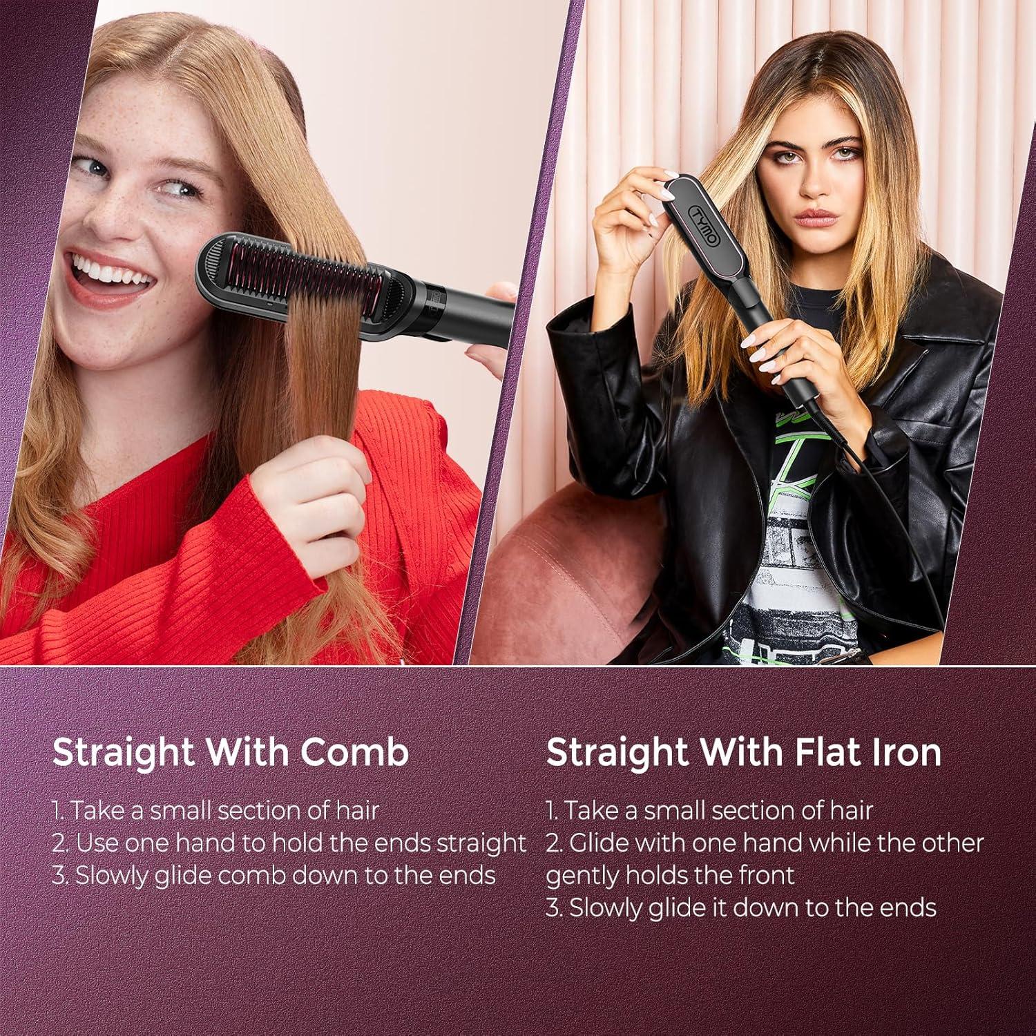 TYMO Flat Iron Hair Straightener Brush 2 in 1, 200M Ions Hair Straighteners for Women, Ceramic Dual Voltage Straightening Hot Comb for Anti-Frizz Straights, Waves, Curls, 3X Less Heat Damage, Black(Black)