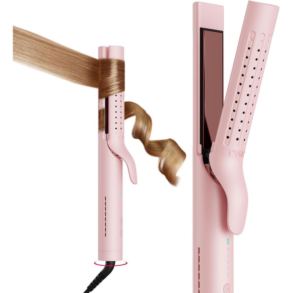 TYMO Airflow 2.0 Curling Iron Flat Iron – Hair Straightener and Curler 2 in 1, 1.25 Inch Curling Wand for Long Short Hair, Dual Voltage for Travel, 54 Million Ionic, Anti-Tangle, 5 Temps, Black(Pink)