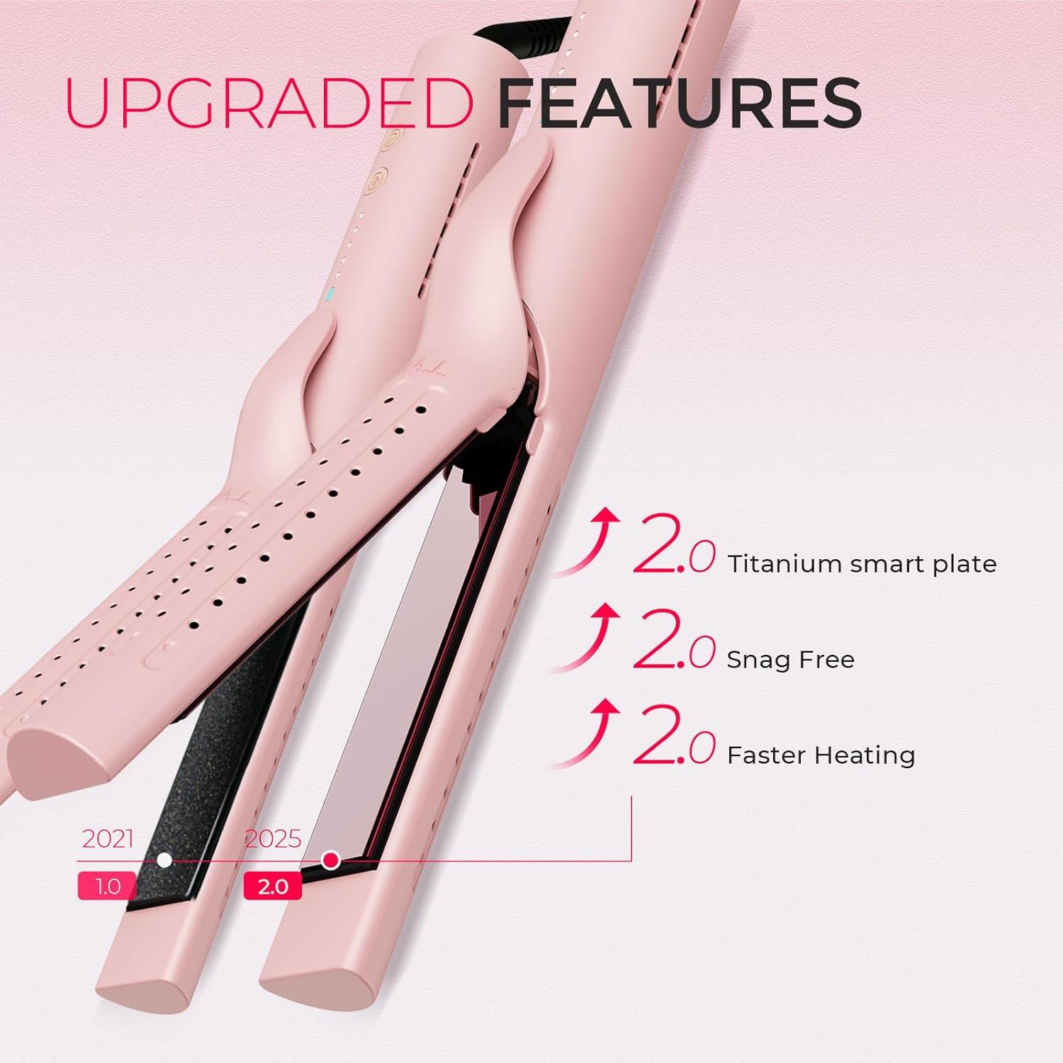 TYMO Airflow 2.0 Curling Iron Flat Iron – Hair Straightener and Curler 2 in 1, 1.25 Inch Curling Wand for Long Short Hair, Dual Voltage for Travel, 54 Million Ionic, Anti-Tangle, 5 Temps, Black(Pink)