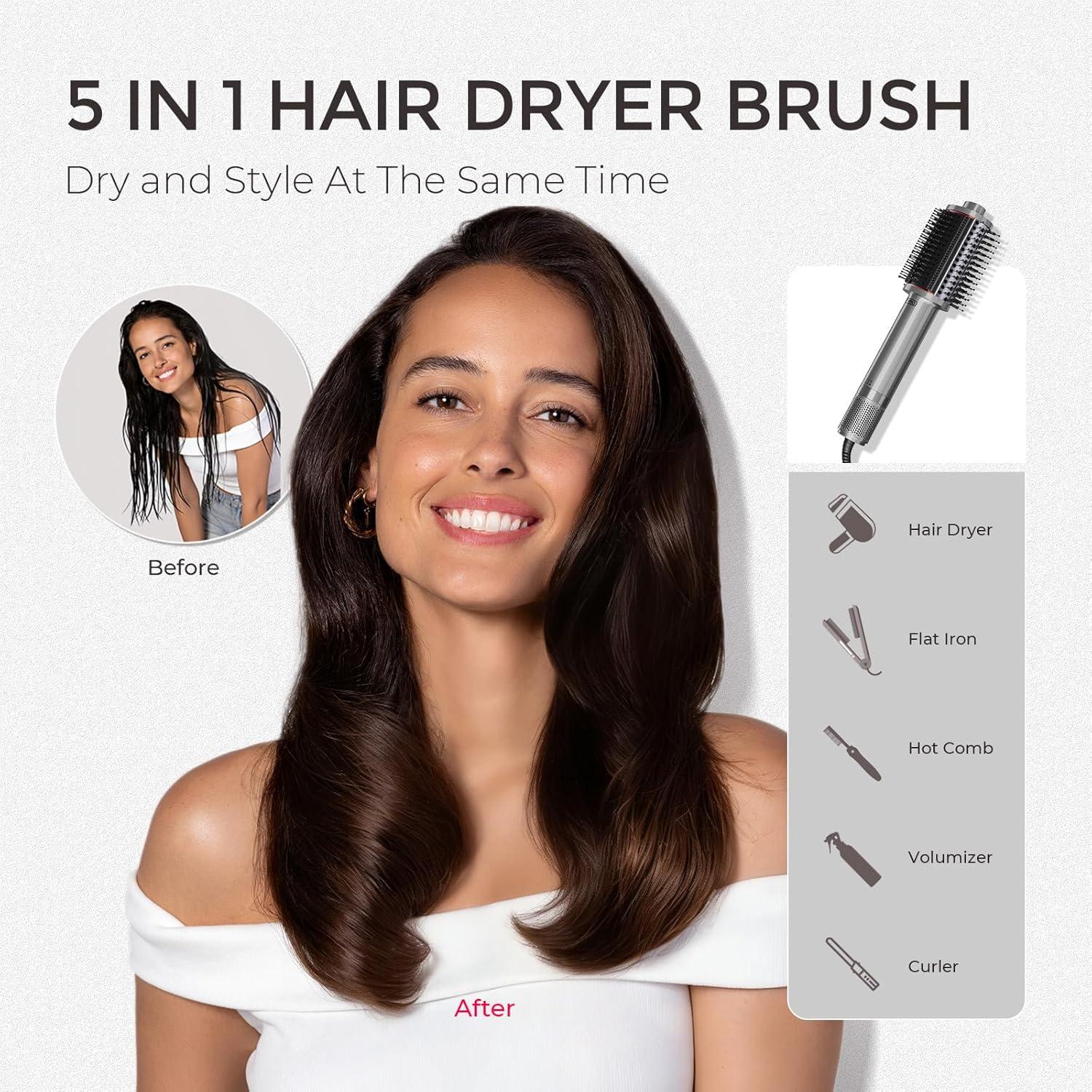 TYMO 4.0 Hair Blow Dryer Brush – Lightweight 3X Faster Drying 5-in-1 Ionic Blowout Hair Dryer Brush Adds Shine, Volume & Fullness for Smooth, Anti-Frizz Straight, Curl & Blowout Styles, Pink(Metal Grey)
