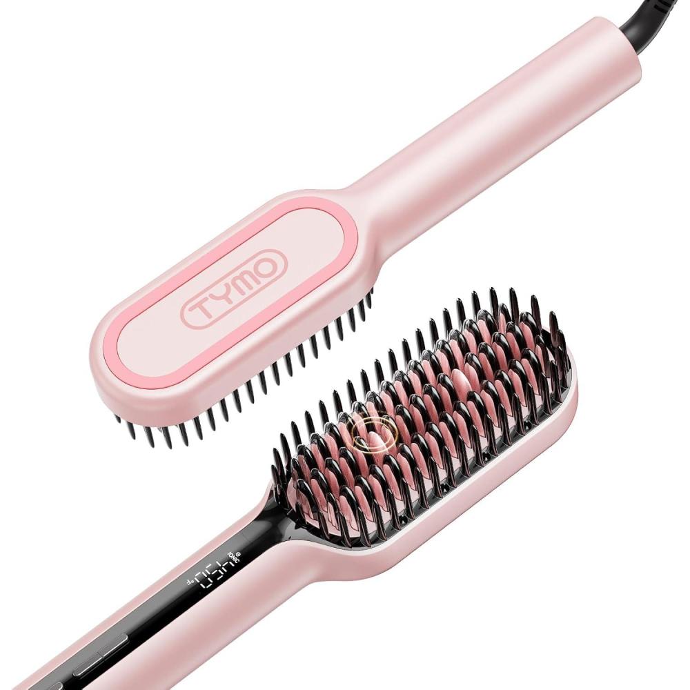 TYMO Hair Straightener Brush – Upgraded Ionic Compact Straightening Brush for Women with Wave-Design Bristles, Fast, Smooth Styling, Lightweight Hot Comb & Travel Flat Iron, 1 Billion Ions, Black(Pink)