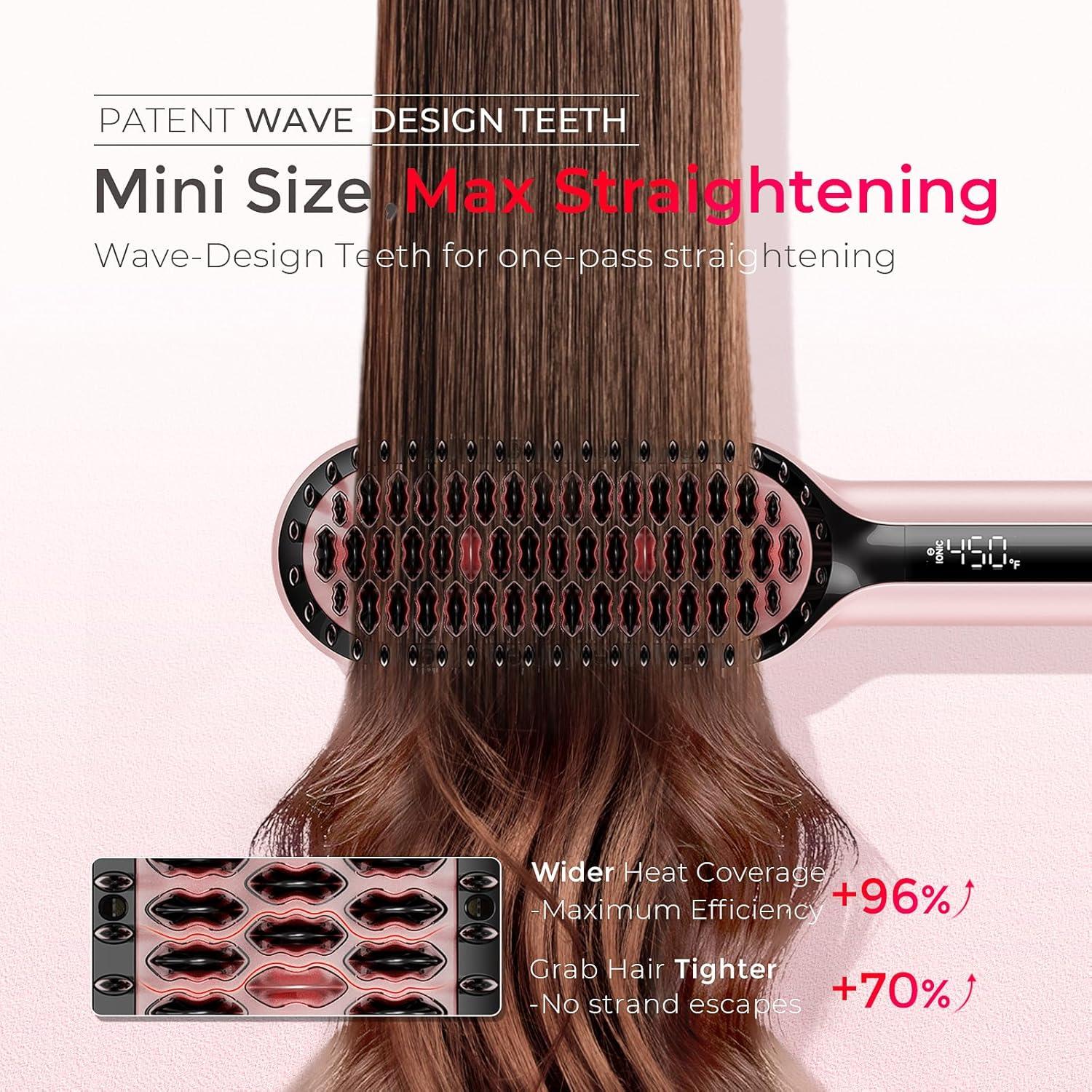 TYMO Hair Straightener Brush – Upgraded Ionic Compact Straightening Brush for Women with Wave-Design Bristles, Fast, Smooth Styling, Lightweight Hot Comb & Travel Flat Iron, 1 Billion Ions, Black(Pink)