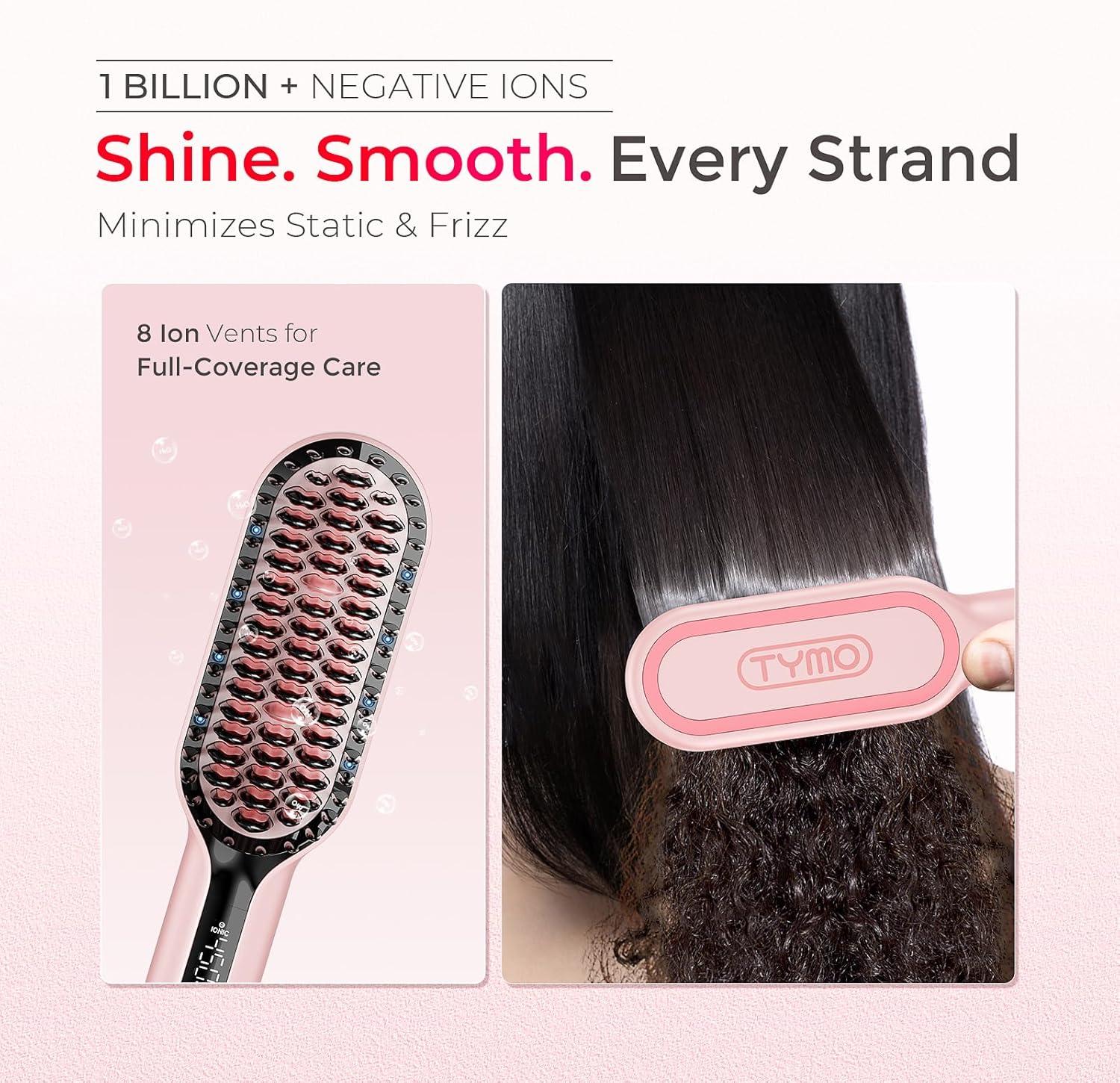 TYMO Hair Straightener Brush – Upgraded Ionic Compact Straightening Brush for Women with Wave-Design Bristles, Fast, Smooth Styling, Lightweight Hot Comb & Travel Flat Iron, 1 Billion Ions, Black(Pink)