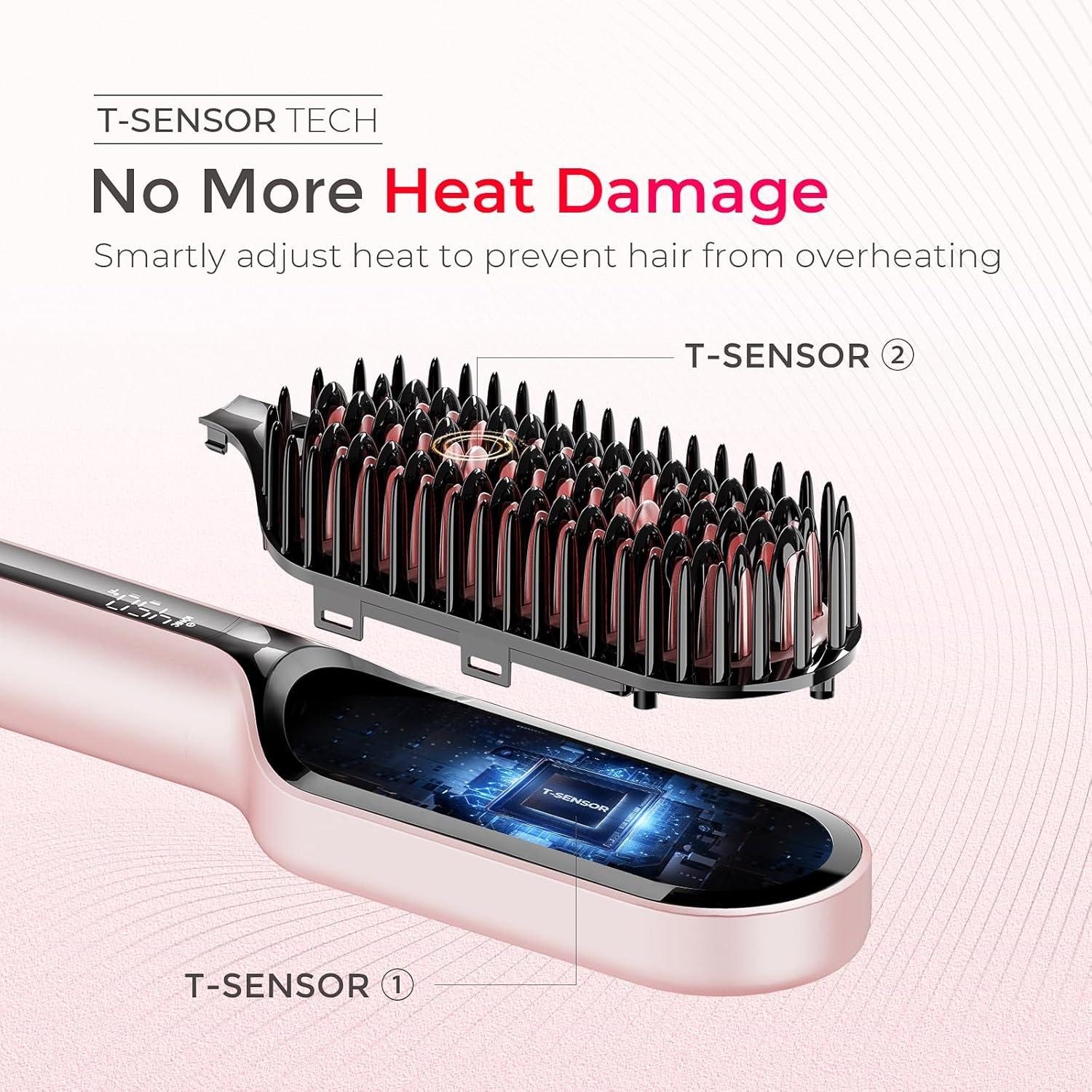 TYMO Hair Straightener Brush – Upgraded Ionic Compact Straightening Brush for Women with Wave-Design Bristles, Fast, Smooth Styling, Lightweight Hot Comb & Travel Flat Iron, 1 Billion Ions, Black(Pink)