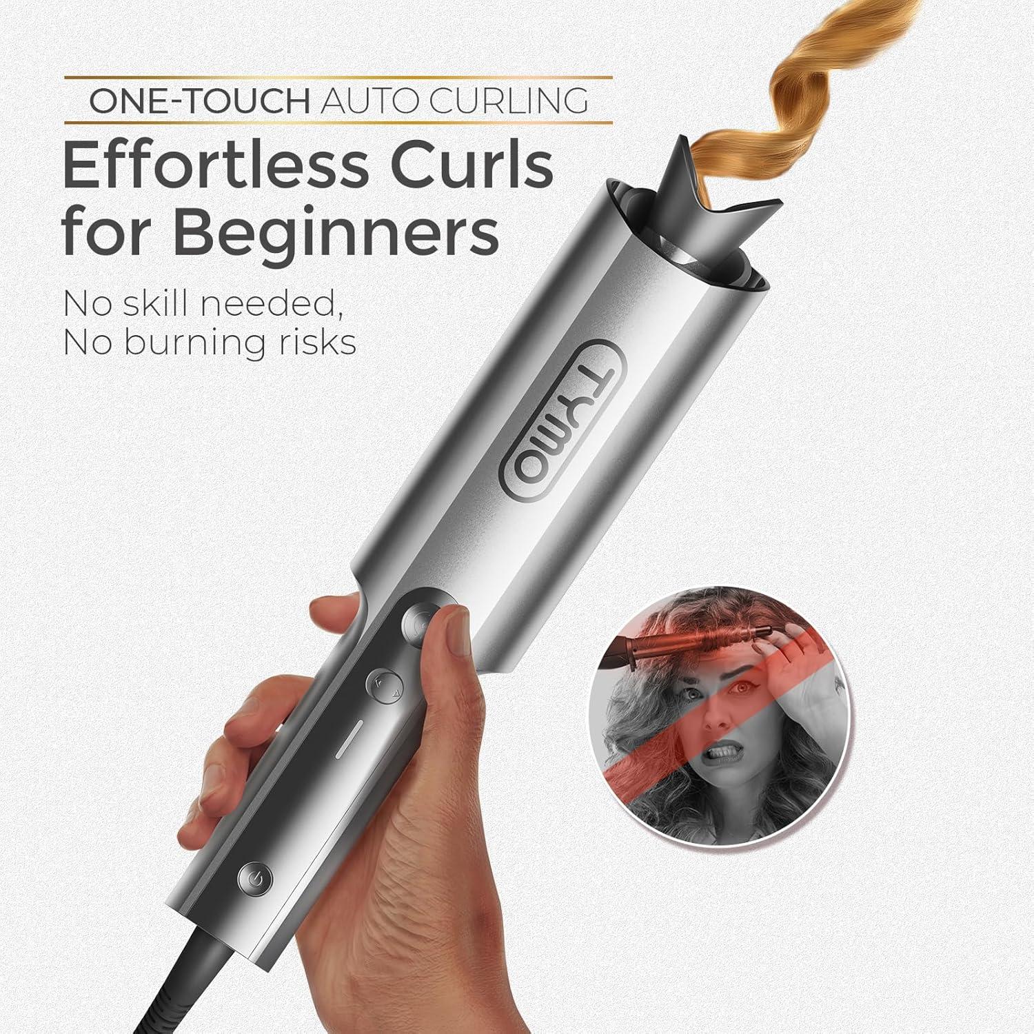 TYMO CurlPro Plus Automatic Rotating Curling Iron – Upgraded Long Barrel Curling Wand for Long Hair, Ceramic Hair Curler for Women, Anti-Scald, Tangle-Free, 600M Ionic, Dual Voltage, Gold, 1 1/2 Inch(Grey)