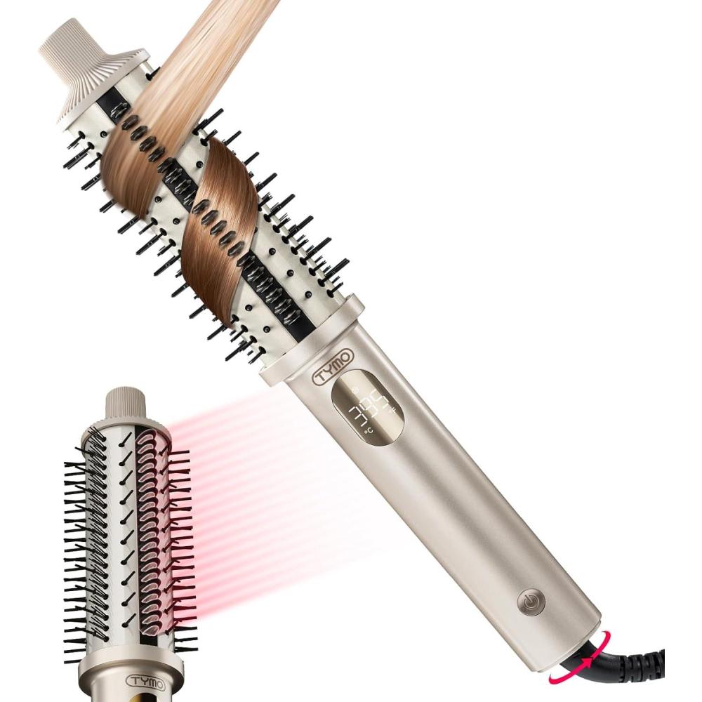 TYMO STYLUX PRO Thermal Brush Curling Brush, 1.5 Inch Blowout Heated Round Volumizer, Hair Straightener and Curler 2 in 1, 800M Negative Ion for Smoother, LCD Display, 5 Temp, Dual Voltage, Gray(Gold)