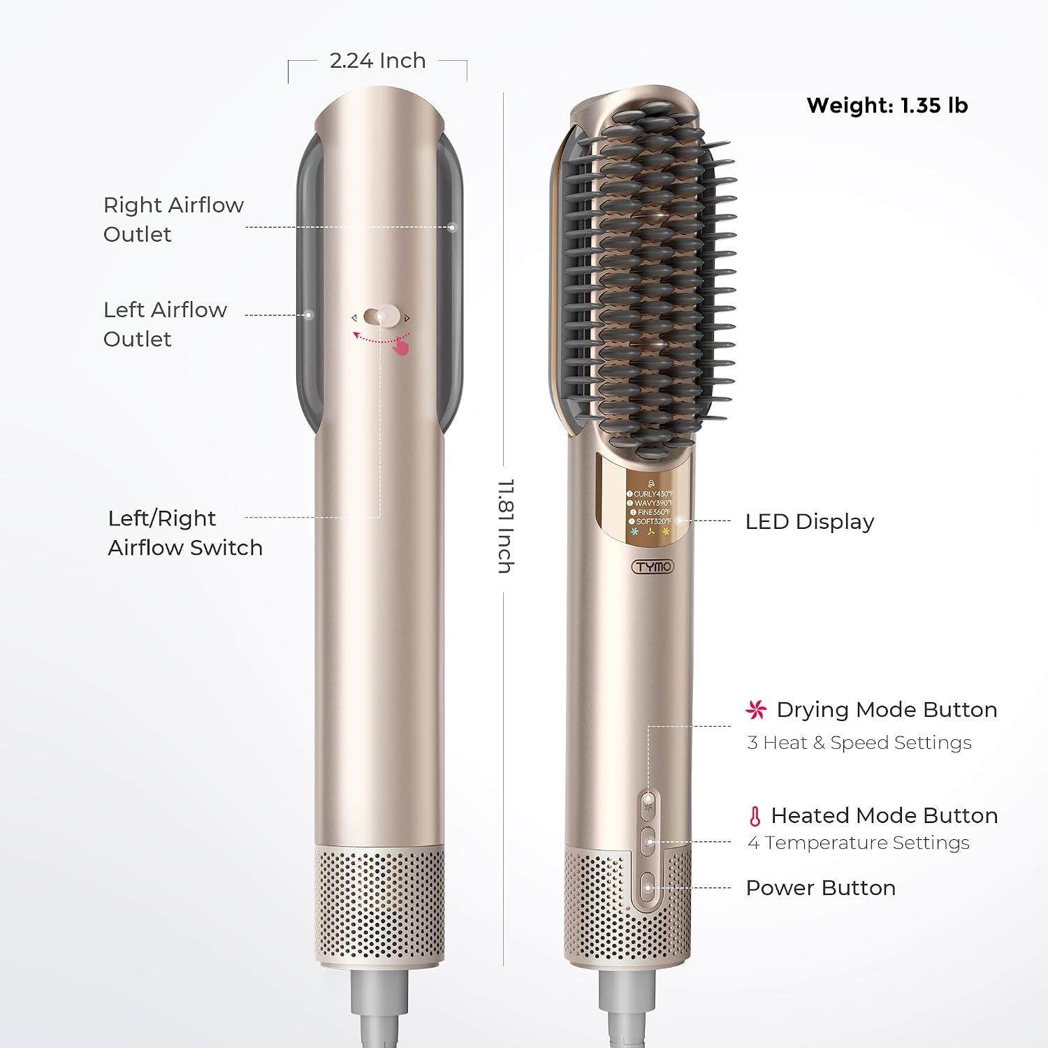 TYMO Hair Straightener Brush Blow Dryer 2-in-1, 2X Faster Wet to Dry Hair Straightener Hot Comb for Smooth Styling, Flowy Ionic Air Straightening Styler for Women, Add Shine & Less Heat Damage, Gold(Gold)