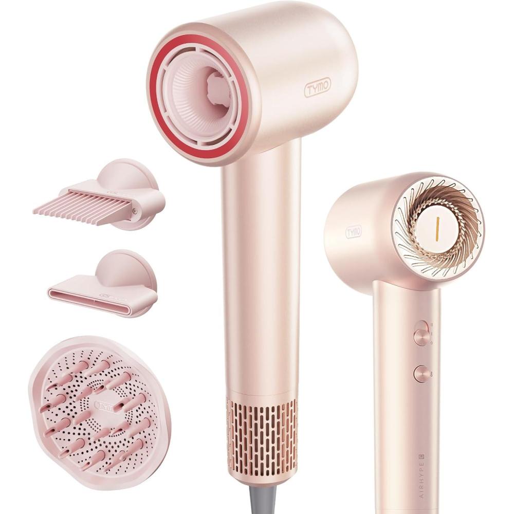 Blow Dryer with Comb, TYMO AIRHYPE Compact 200 Million lonic Hair Dryer with Diffuser, Fast Dry Pink Blow Dryer for Women 110,000RPM Portable Hairdryer for Curly Hair, 4 Temps & 2 Speeds