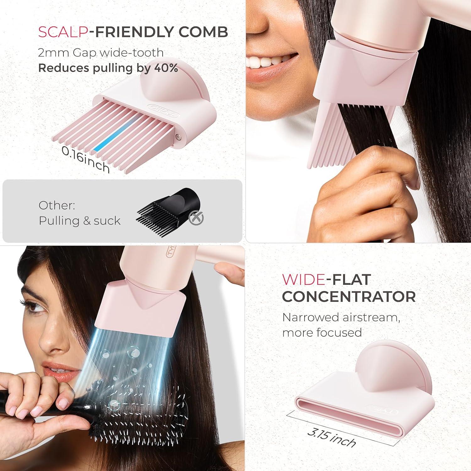 Blow Dryer with Comb, TYMO AIRHYPE Compact 200 Million lonic Hair Dryer with Diffuser, Fast Dry Pink Blow Dryer for Women 110,000RPM Portable Hairdryer for Curly Hair, 4 Temps & 2 Speeds