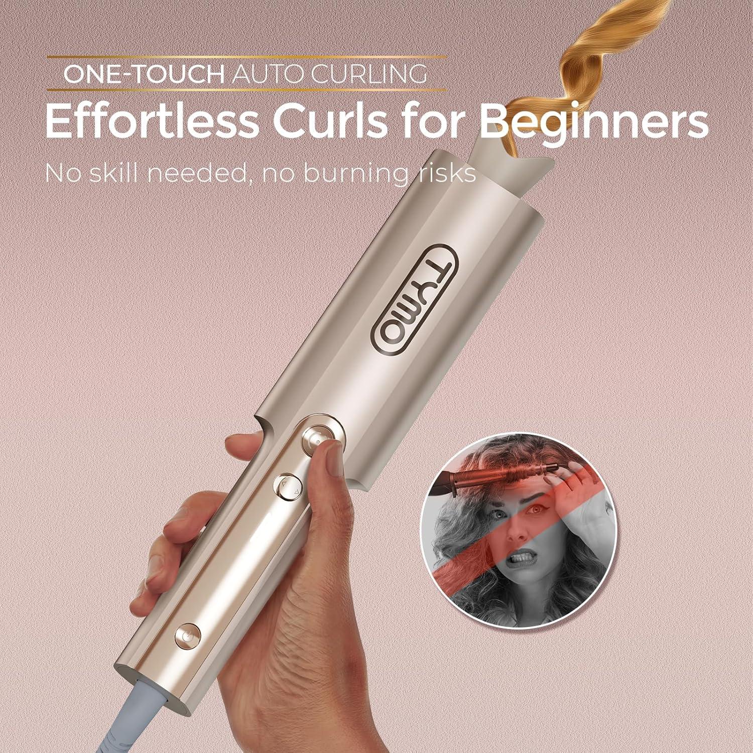 Upgraded Automatic Rotating Curling Iron – TYMO CurlPro Plus Long Barrel Curling Wand for Long Hair, Ceramic Hair Curler for Women, Anti-Scald, Tangle-Free, 600M Ionic, Dual Voltage,Gold Blush, 1 Inch(Gold)