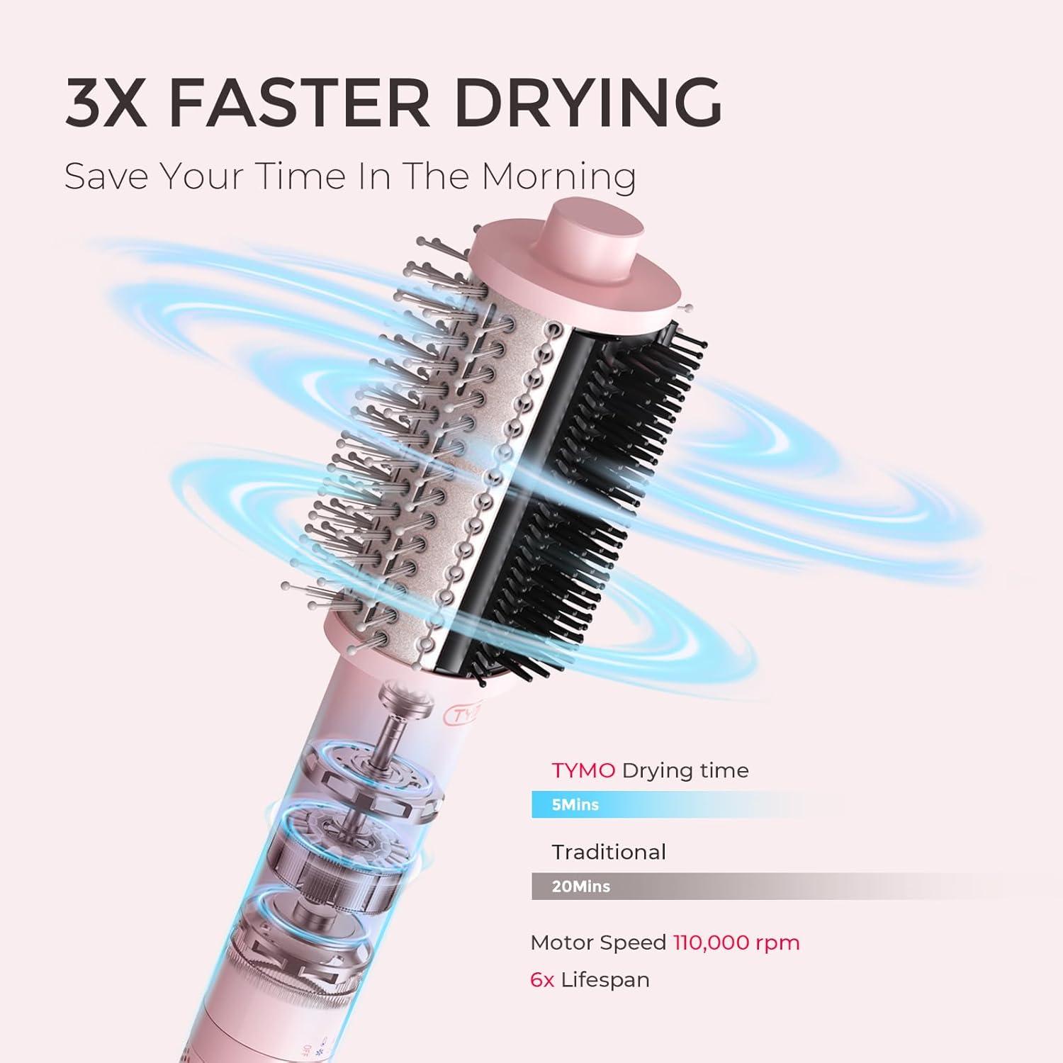 TYMO 4.0 Hair Blow Dryer Brush – Lightweight 3X Faster Drying 5-in-1 Ionic Blowout Hair Dryer Brush Adds Shine, Volume & Fullness for Smooth, Anti-Frizz Straight, Curl & Blowout Styles, Pink(Pink)