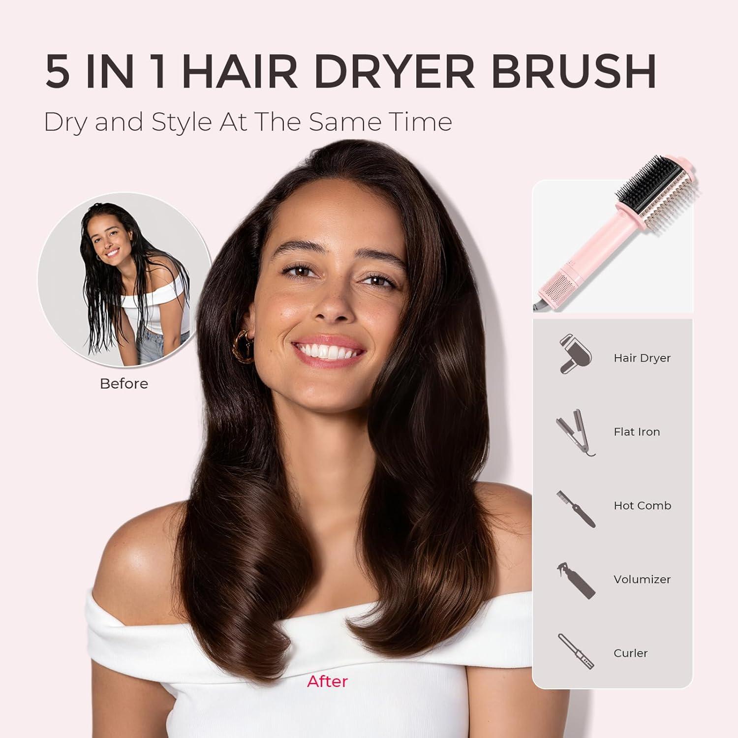 TYMO 4.0 Hair Blow Dryer Brush – Lightweight 3X Faster Drying 5-in-1 Ionic Blowout Hair Dryer Brush Adds Shine, Volume & Fullness for Smooth, Anti-Frizz Straight, Curl & Blowout Styles, Pink(Pink)