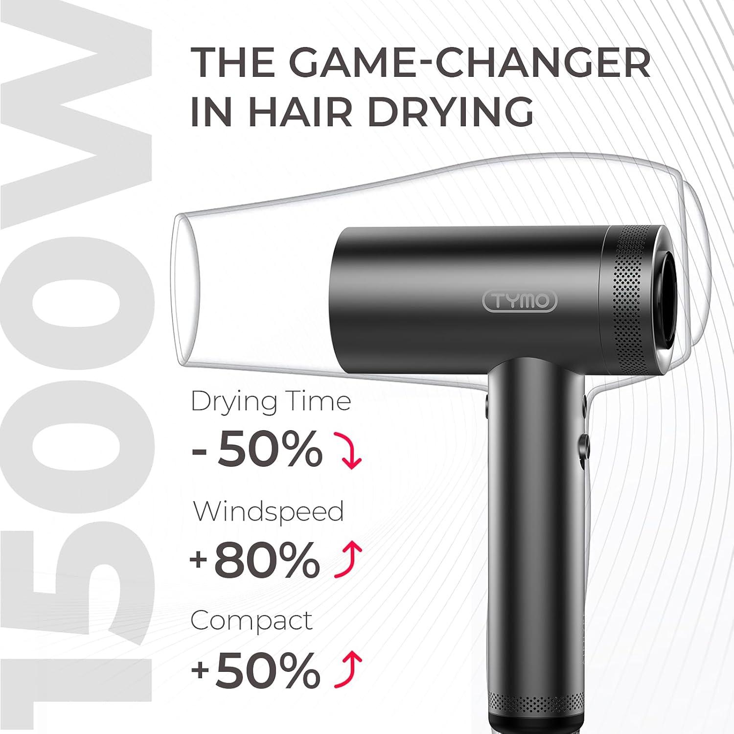 TYMO Hair Dryer with Diffuser for Women – 1500W Professional High Speed Blow Dryer with Comb, 110,000RPM Fast Dry, 200 Million Ionic Hairdryer, 4 Temps & 3 Speeds, 8 Ft Cord for Salon, Metal Gray(Metal Gray)