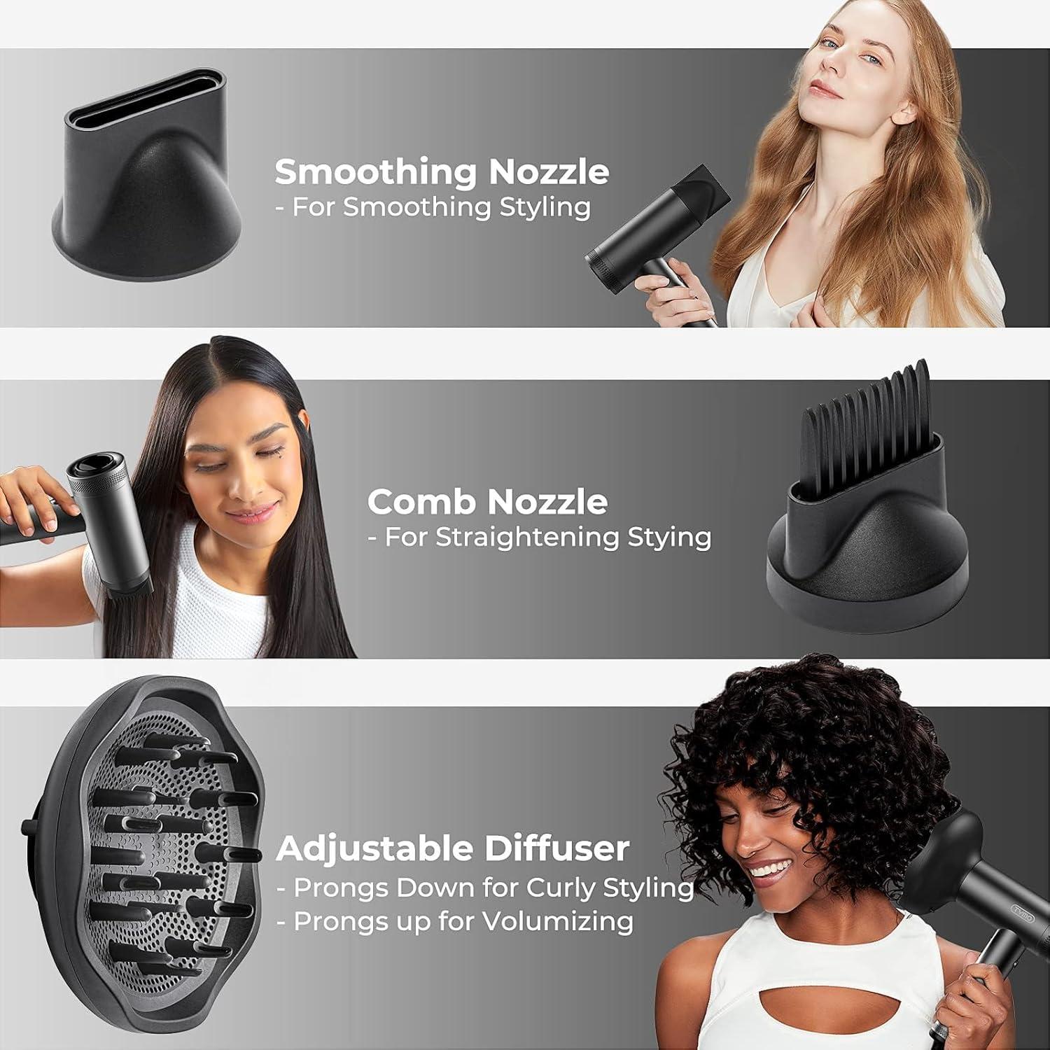 TYMO Hair Dryer with Diffuser for Women – 1500W Professional High Speed Blow Dryer with Comb, 110,000RPM Fast Dry, 200 Million Ionic Hairdryer, 4 Temps & 3 Speeds, 8 Ft Cord for Salon, Metal Gray(Graphite)