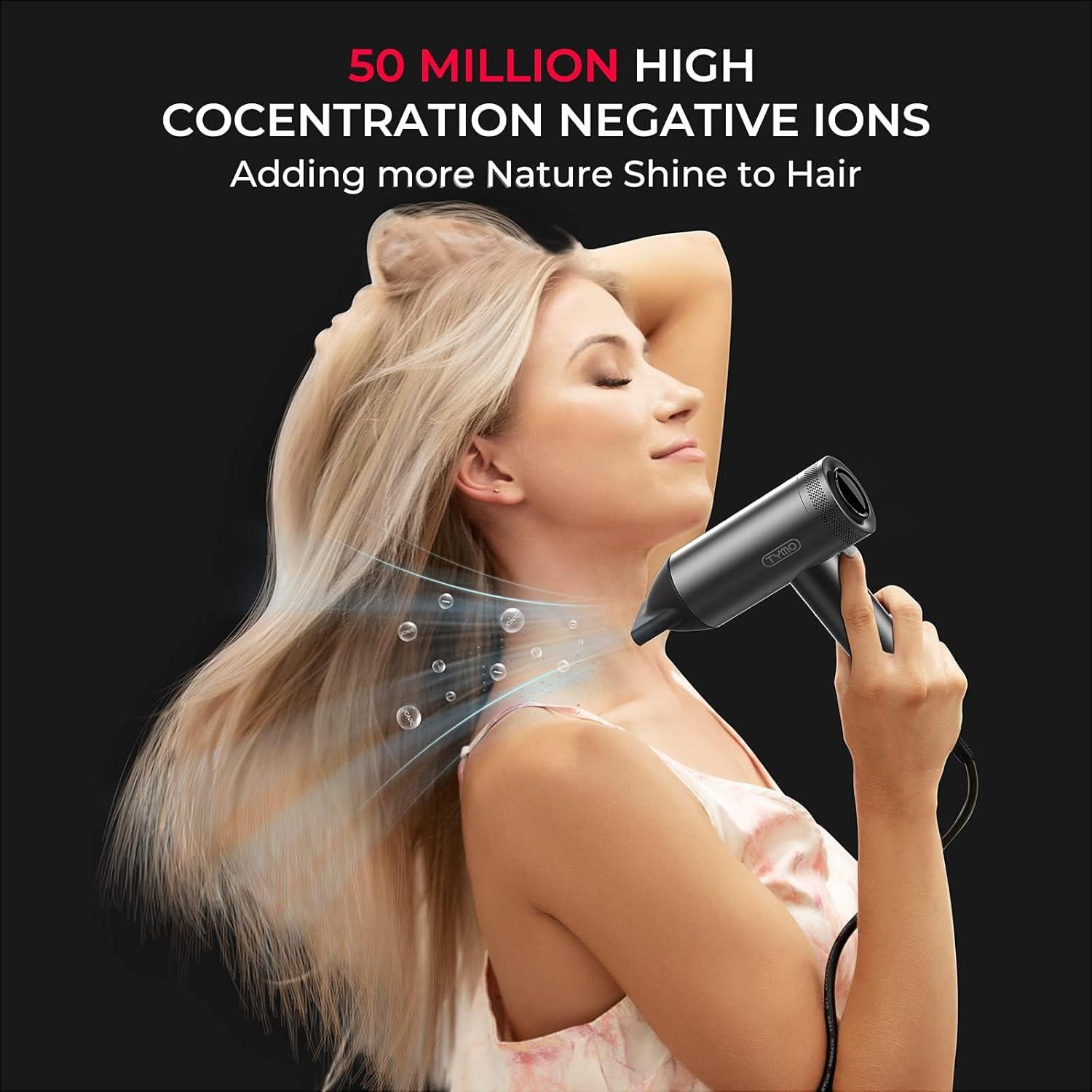 TYMO Hair Dryer with Diffuser for Women – 1500W Professional High Speed Blow Dryer with Comb, 110,000RPM Fast Dry, 200 Million Ionic Hairdryer, 4 Temps & 3 Speeds, 8 Ft Cord for Salon, Metal Gray(Graphite)