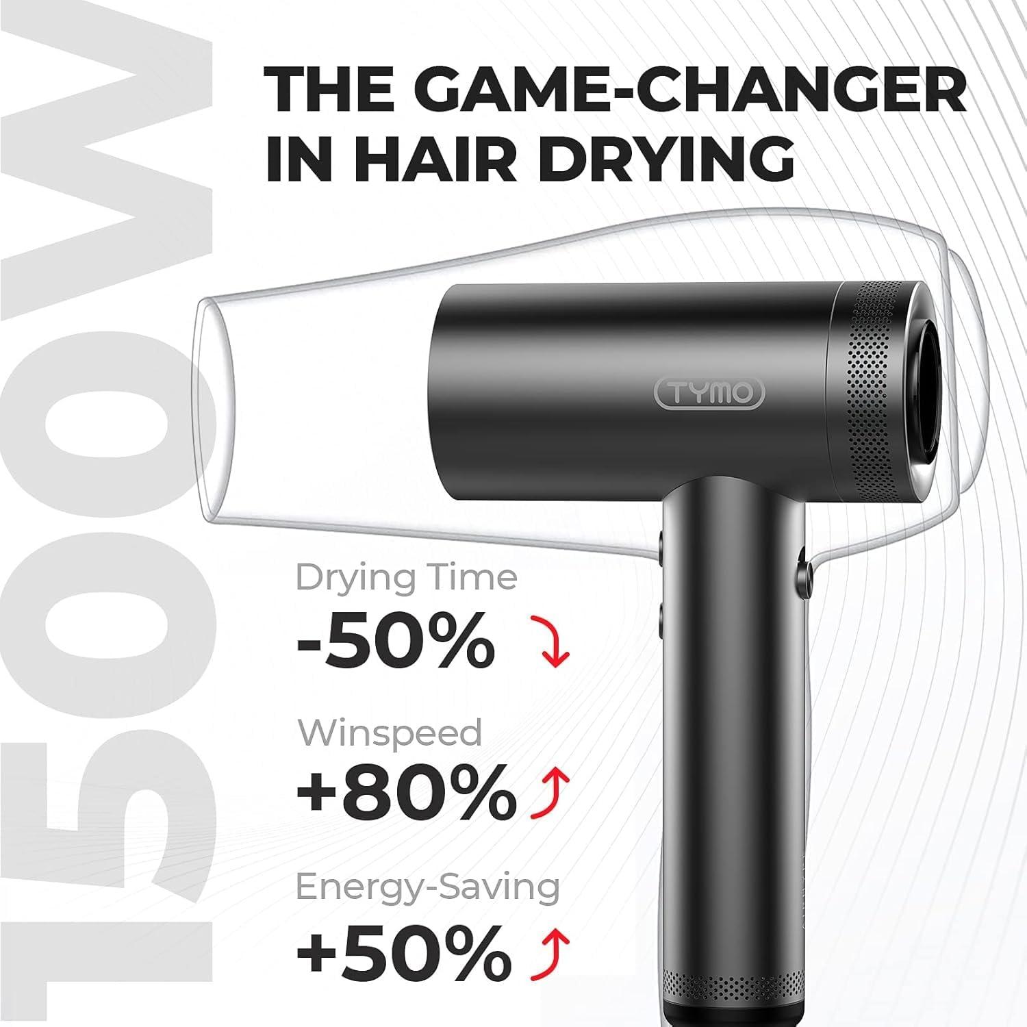 TYMO Hair Dryer with Diffuser for Women – 1500W Professional High Speed Blow Dryer with Comb, 110,000RPM Fast Dry, 200 Million Ionic Hairdryer, 4 Temps & 3 Speeds, 8 Ft Cord for Salon, Metal Gray(Graphite)