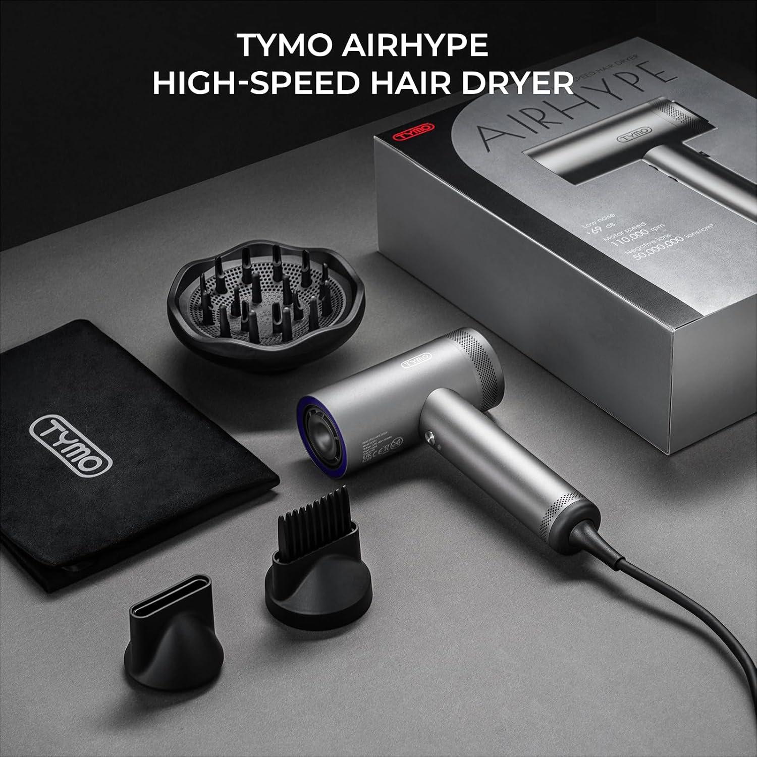 TYMO Hair Dryer with Diffuser for Women – 1500W Professional High Speed Blow Dryer with Comb, 110,000RPM Fast Dry, 200 Million Ionic Hairdryer, 4 Temps & 3 Speeds, 8 Ft Cord for Salon, Metal Gray(Graphite)