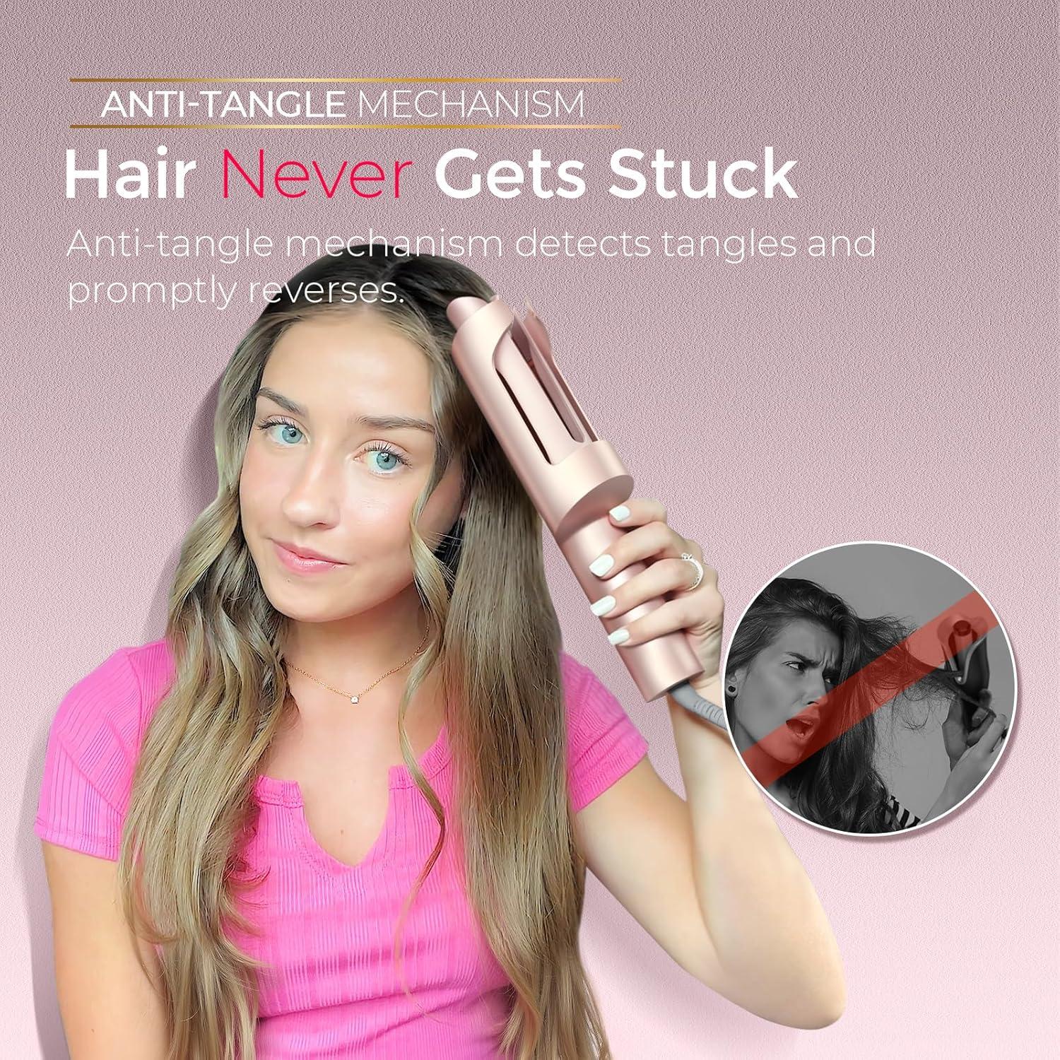 Upgraded Automatic Rotating Curling Iron – TYMO CurlPro Plus Long Barrel Curling Wand for Long Hair, Ceramic Hair Curler for Women, Anti-Scald, Tangle-Free, 600M Ionic, Dual Voltage,Gold Blush, 1 Inch(Gold Blush)