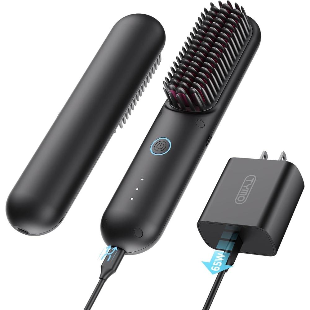 TYMO Cordless Hair Straightener Brush – Porta PRO Portable Straightening Brush for Travel, Mini Ionic Hot Comb Straightener for Women, Lightweight on-The-go, Cordless & Fast Charger Dual Power, Black