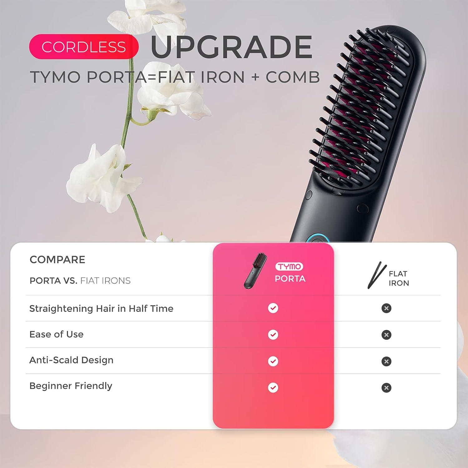 TYMO Cordless Hair Straightener Brush – Porta PRO Portable Straightening Brush for Travel, Mini Ionic Hot Comb Straightener for Women, Lightweight on-The-go, Cordless & Fast Charger Dual Power, Black