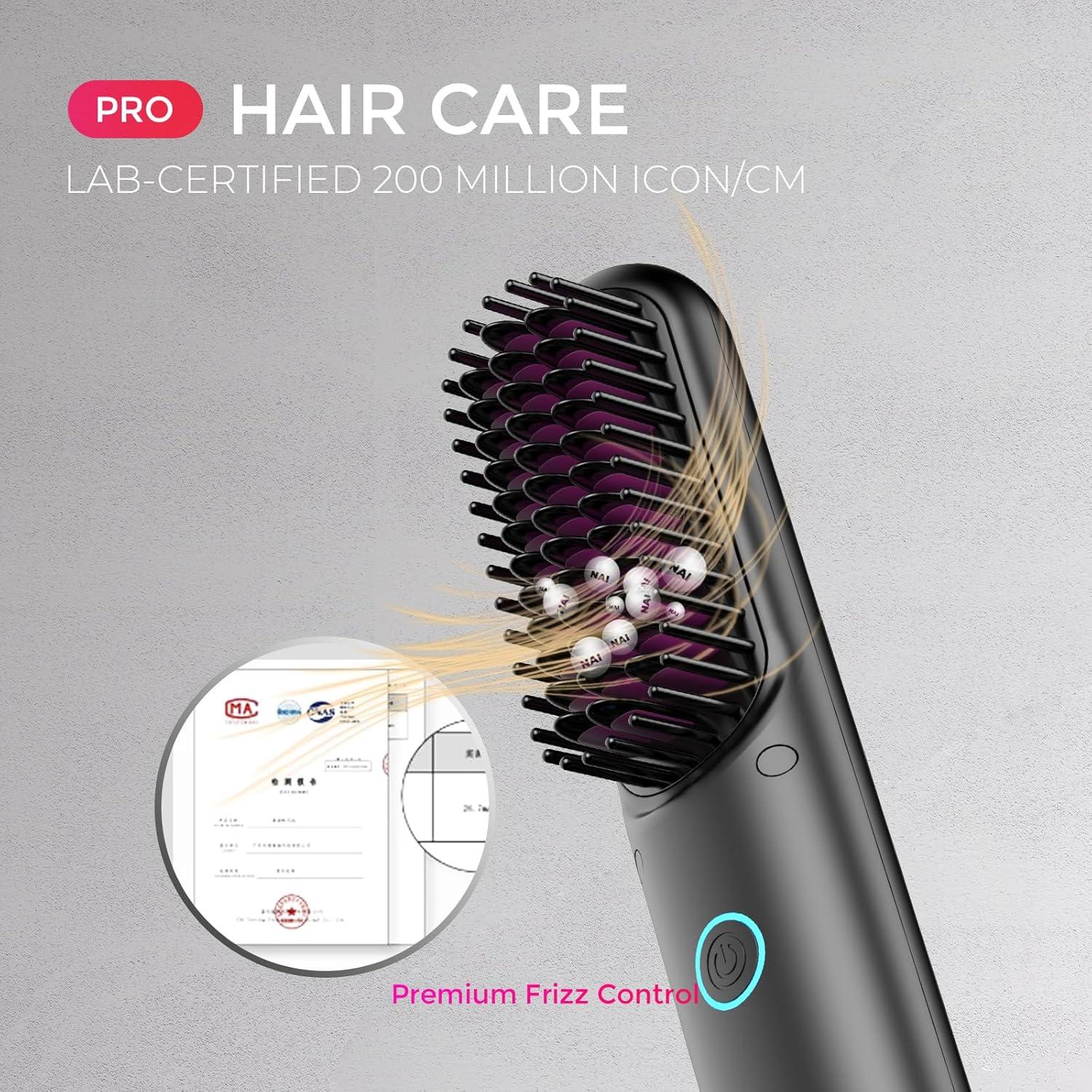 TYMO Cordless Hair Straightener Brush – Porta PRO Portable Straightening Brush for Travel, Mini Ionic Hot Comb Straightener for Women, Lightweight on-The-go, Cordless & Fast Charger Dual Power, Black