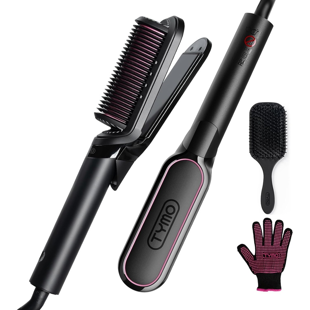 TYMO Flat Iron Hair Straightener Brush 2 in 1, 200M Ions Hair Straighteners for Women, Ceramic Straightening Hot Comb for Anti-Frizz Straights, Waves, Curl, 3X Less Heat Damage, Dual Voltage, Gold(Black)