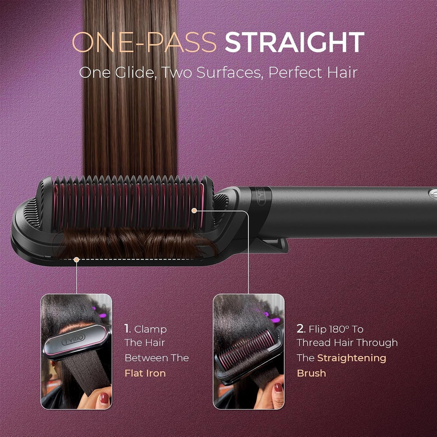 TYMO Flat Iron Hair Straightener Brush 2 in 1, 200M Ions Hair Straighteners for Women, Ceramic Straightening Hot Comb for Anti-Frizz Straights, Waves, Curl, 3X Less Heat Damage, Dual Voltage, Gold(Black)