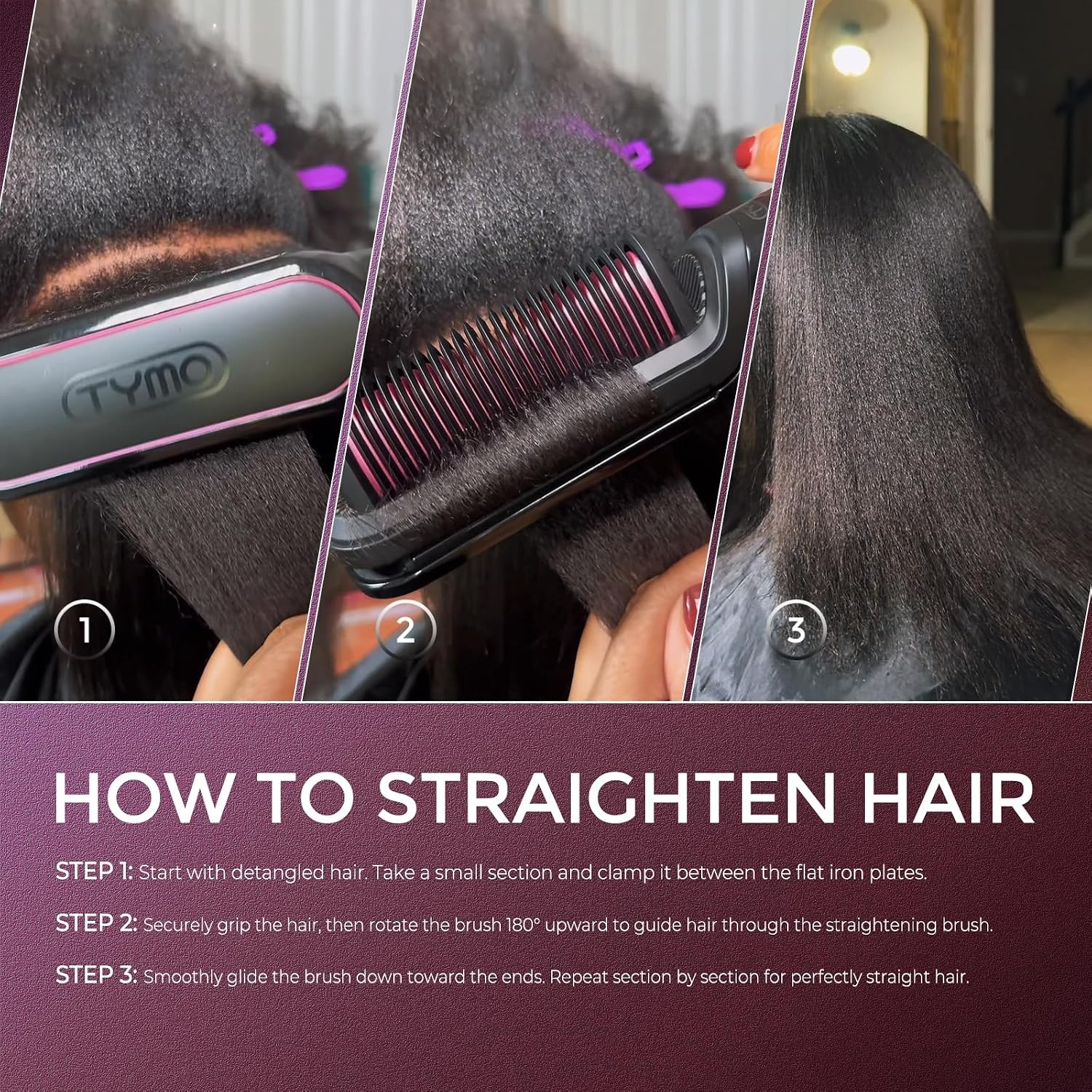 TYMO Flat Iron Hair Straightener Brush 2 in 1, 200M Ions Hair Straighteners for Women, Ceramic Straightening Hot Comb for Anti-Frizz Straights, Waves, Curl, 3X Less Heat Damage, Dual Voltage, Gold(Black)