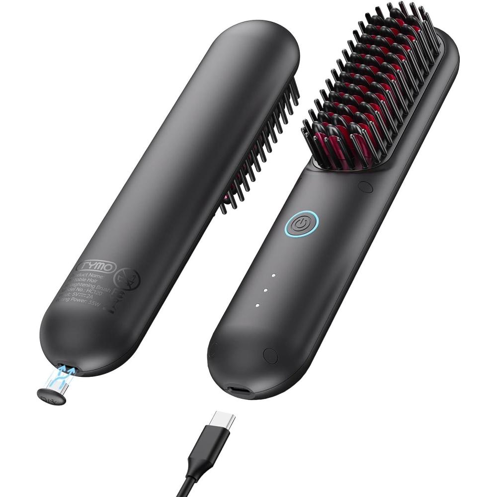 TYMO Cordless Hair Straightener Brush – Porta ECO Portable Straightening Brush for Travel, Mini Hot Straightening Comb for Women, Ceramic Coating, Lightweight for Touch-ups, Anti-Scald, Black