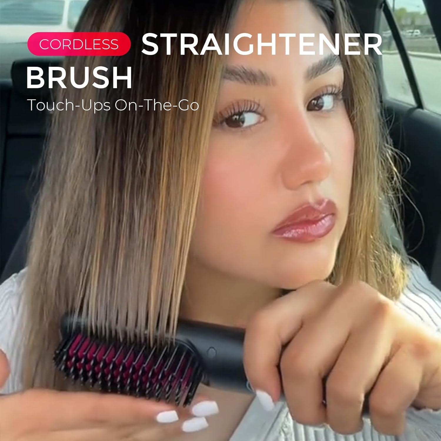 TYMO Cordless Hair Straightener Brush – Porta ECO Portable Straightening Brush for Travel, Mini Hot Straightening Comb for Women, Ceramic Coating, Lightweight for Touch-ups, Anti-Scald, Black
