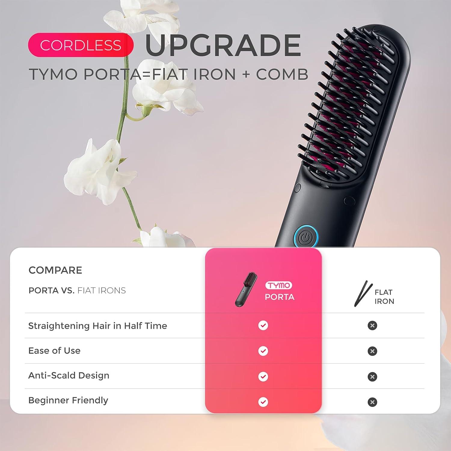 TYMO Cordless Hair Straightener Brush – Porta ECO Portable Straightening Brush for Travel, Mini Hot Straightening Comb for Women, Ceramic Coating, Lightweight for Touch-ups, Anti-Scald, Black