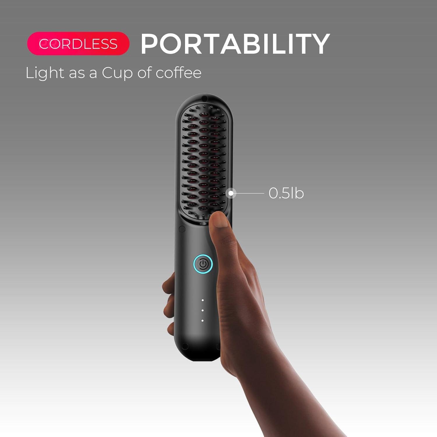 TYMO Cordless Hair Straightener Brush – Porta ECO Portable Straightening Brush for Travel, Mini Hot Straightening Comb for Women, Ceramic Coating, Lightweight for Touch-ups, Anti-Scald, Black