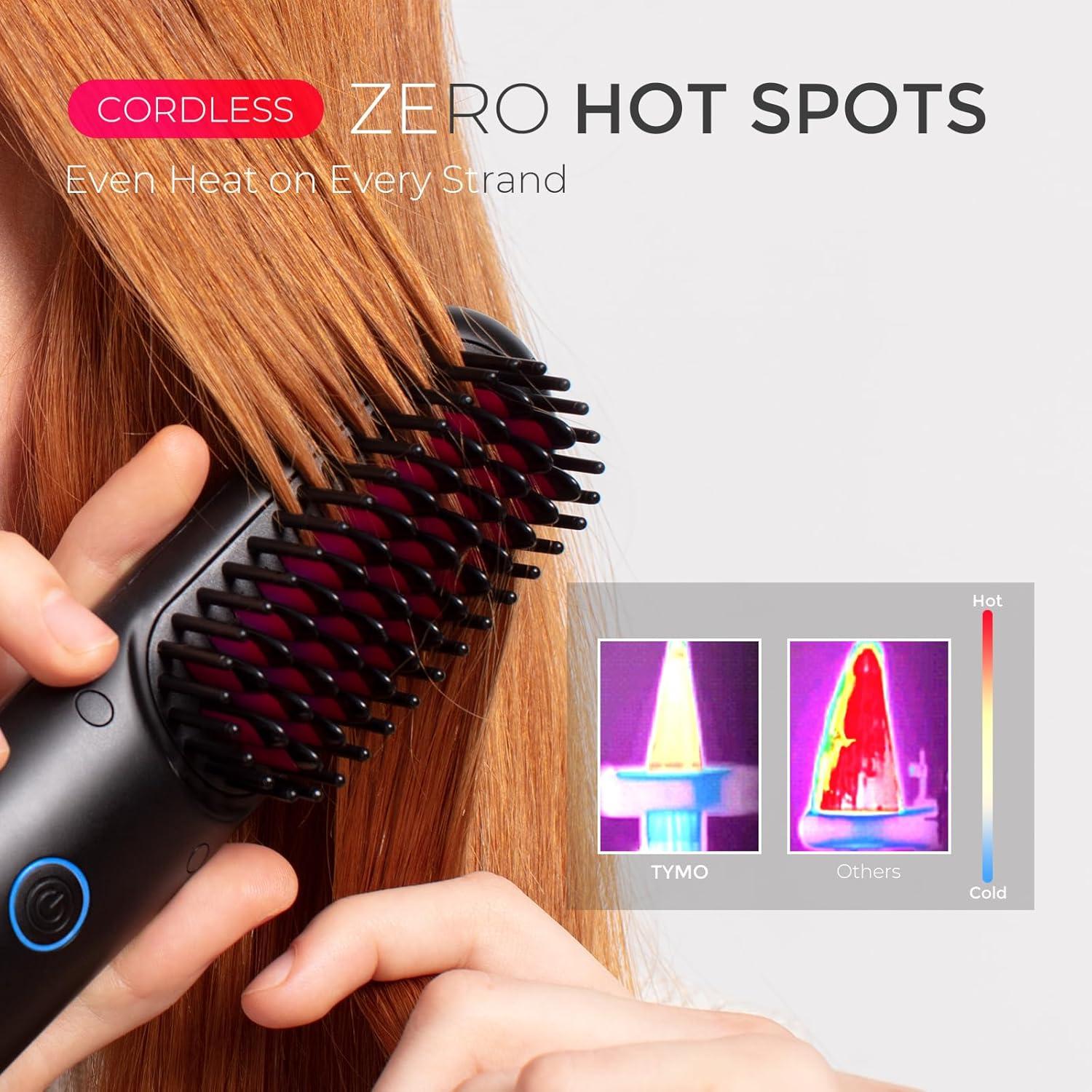 TYMO Cordless Hair Straightener Brush – Porta ECO Portable Straightening Brush for Travel, Mini Hot Straightening Comb for Women, Ceramic Coating, Lightweight for Touch-ups, Anti-Scald, Black
