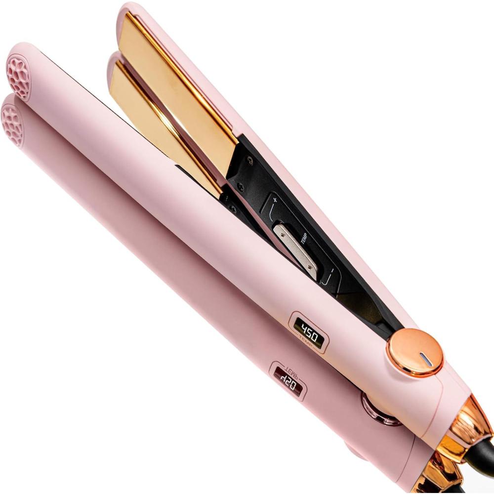 TYMO Flat Iron Hair Straightener and Curler 2 in 1 with 10s Fast Heating, 1 Inch Professional Titanium Straightening Curling Iron with 32 Adjustable Temp and Automatic Shut Off(Light Pink)