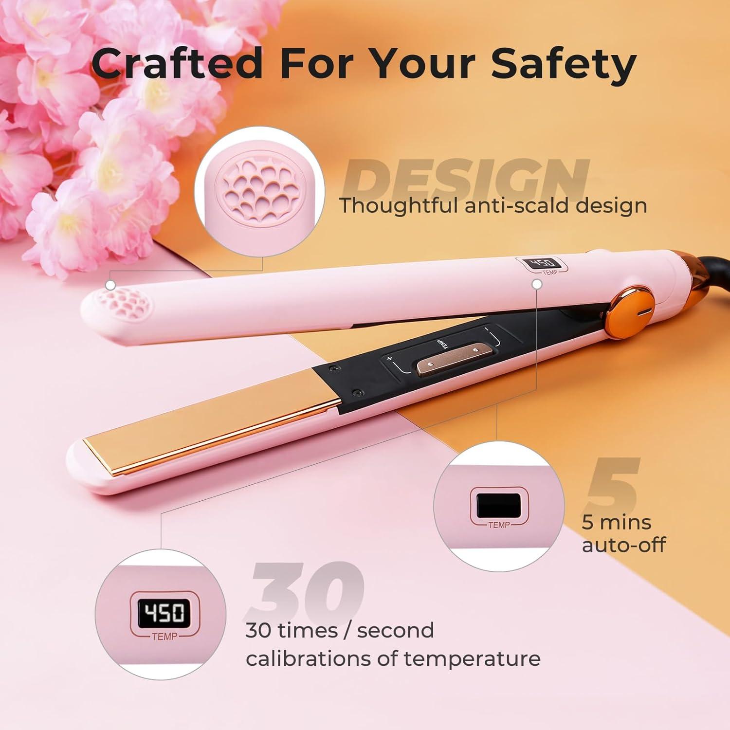 TYMO Flat Iron Hair Straightener and Curler 2 in 1 with 10s Fast Heating, 1 Inch Professional Titanium Straightening Curling Iron with 32 Adjustable Temp and Automatic Shut Off(Light Pink)