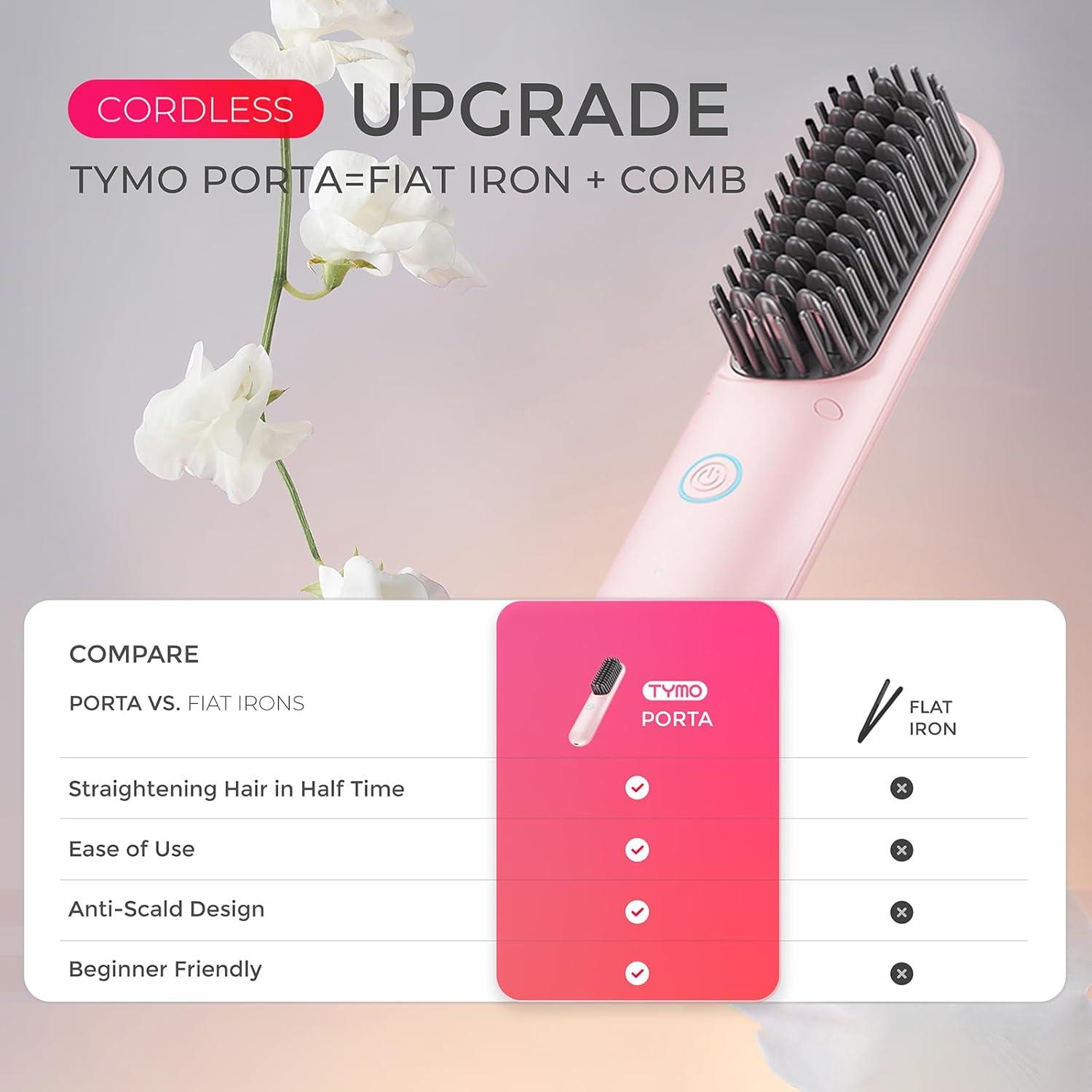 TYMO Cordless Hair Straightener Brush – Porta PRO Portable Straightening Brush for Travel, Mini Ionic Hot Comb Straightener for Women, Lightweight on-The-go, Cordless and Fast Charger Dual Power