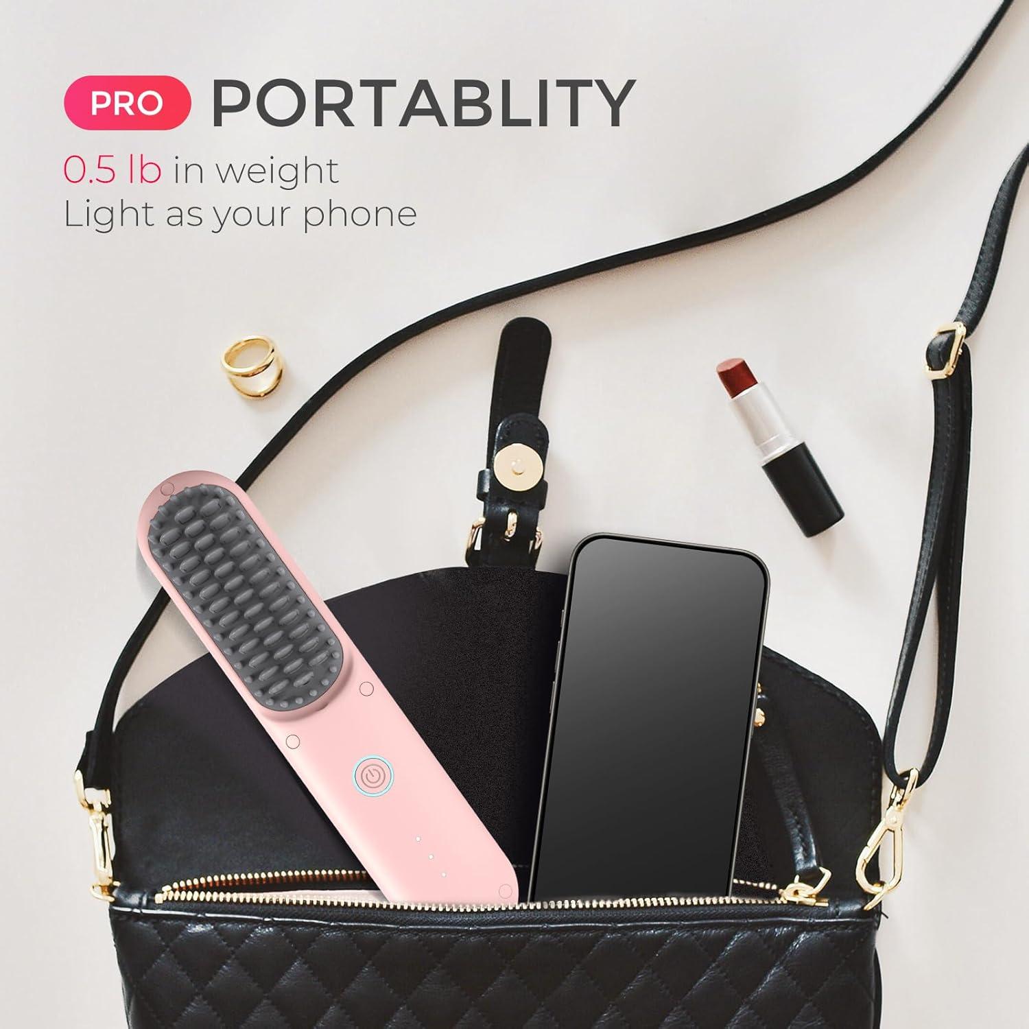 TYMO Cordless Hair Straightener Brush – Porta PRO Portable Straightening Brush for Travel, Mini Ionic Hot Comb Straightener for Women, Lightweight on-The-go, Cordless and Fast Charger Dual Power