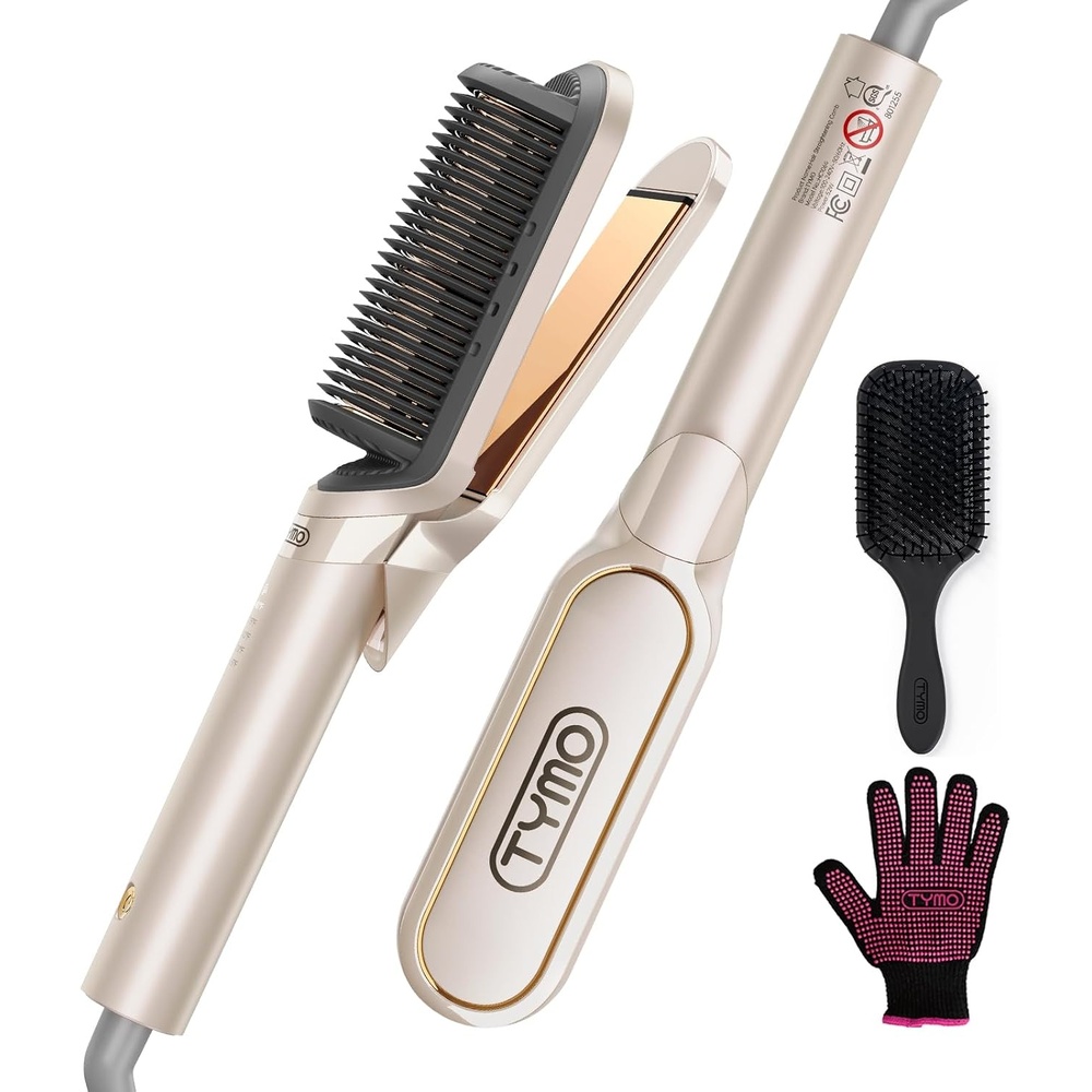 TYMO Flat Iron Hair Straightener Brush 2 in 1, 200M Ions Hair Straighteners for Women, Ceramic Straightening Hot Comb for Anti-Frizz Straights, Waves, Curl, 3X Less Heat Damage, Dual Voltage, Gold(Gold)