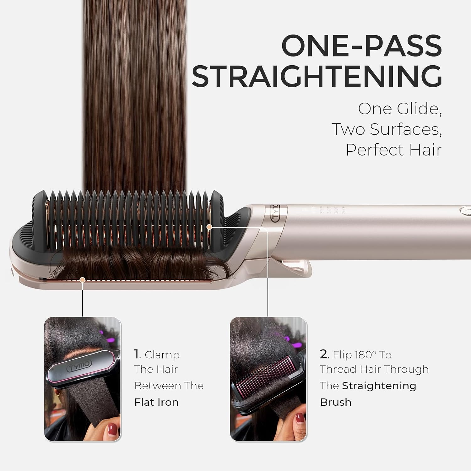 TYMO Flat Iron Hair Straightener Brush 2 in 1, 200M Ions Hair Straighteners for Women, Ceramic Straightening Hot Comb for Anti-Frizz Straights, Waves, Curl, 3X Less Heat Damage, Dual Voltage, Gold(Gold)