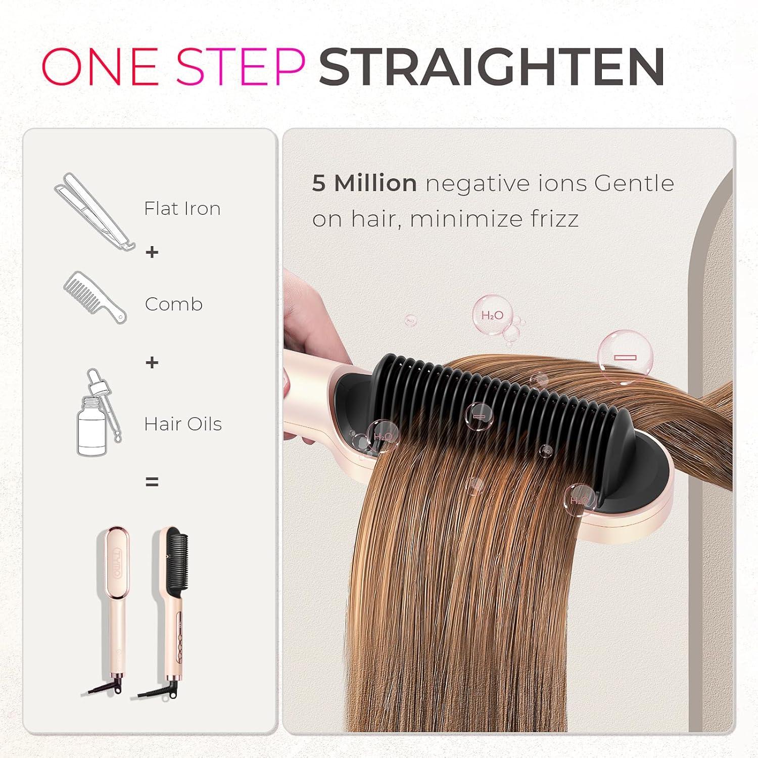 TYMO Ring Plus Ionic Hair Straightener Brush – Straightening Comb with Negative Ions for Women, Titanium Coating, 9 Temp Settings & LED Display, Dual Voltage, Professional Styling Tools(Gold Blush)