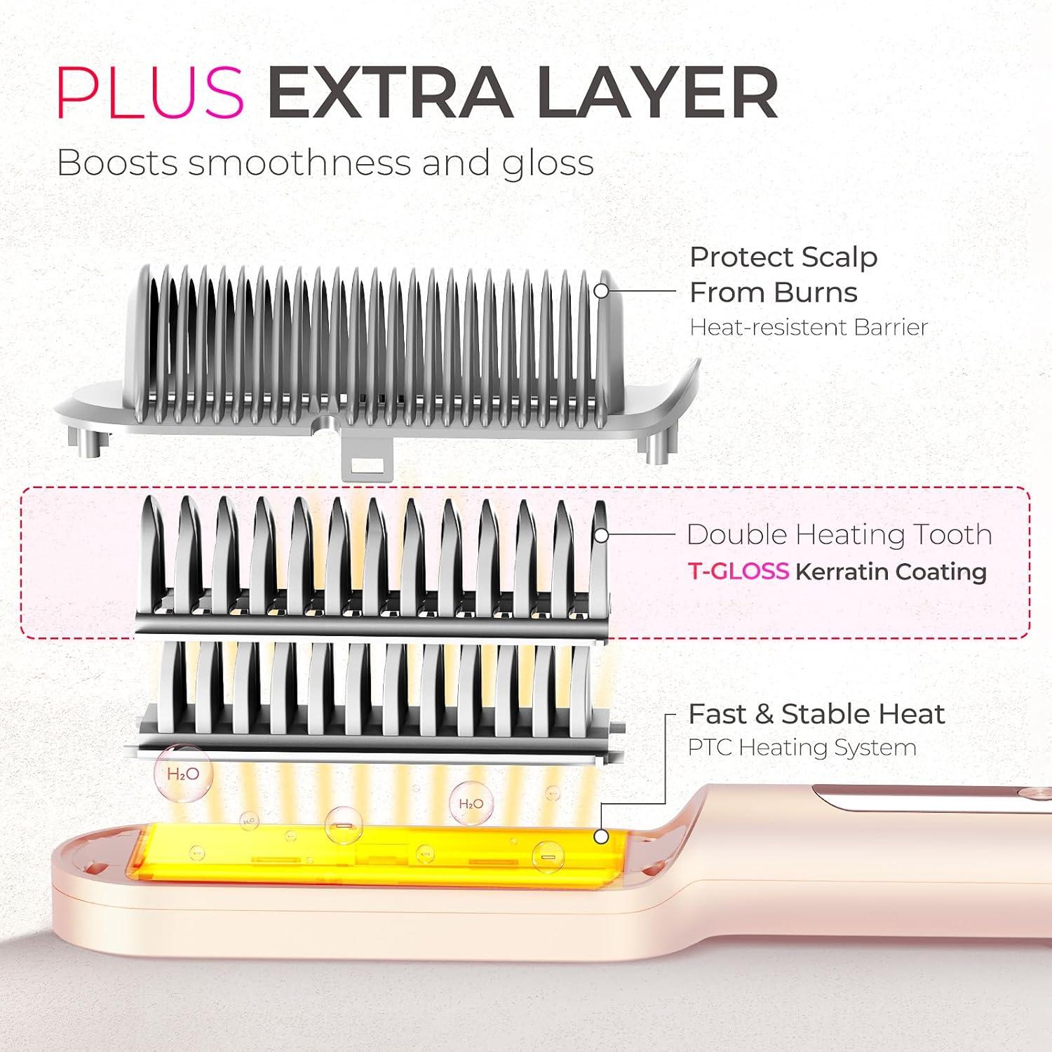 TYMO Ring Plus Ionic Hair Straightener Brush – Straightening Comb with Negative Ions for Women, Titanium Coating, 9 Temp Settings & LED Display, Dual Voltage, Professional Styling Tools(Gold Blush)