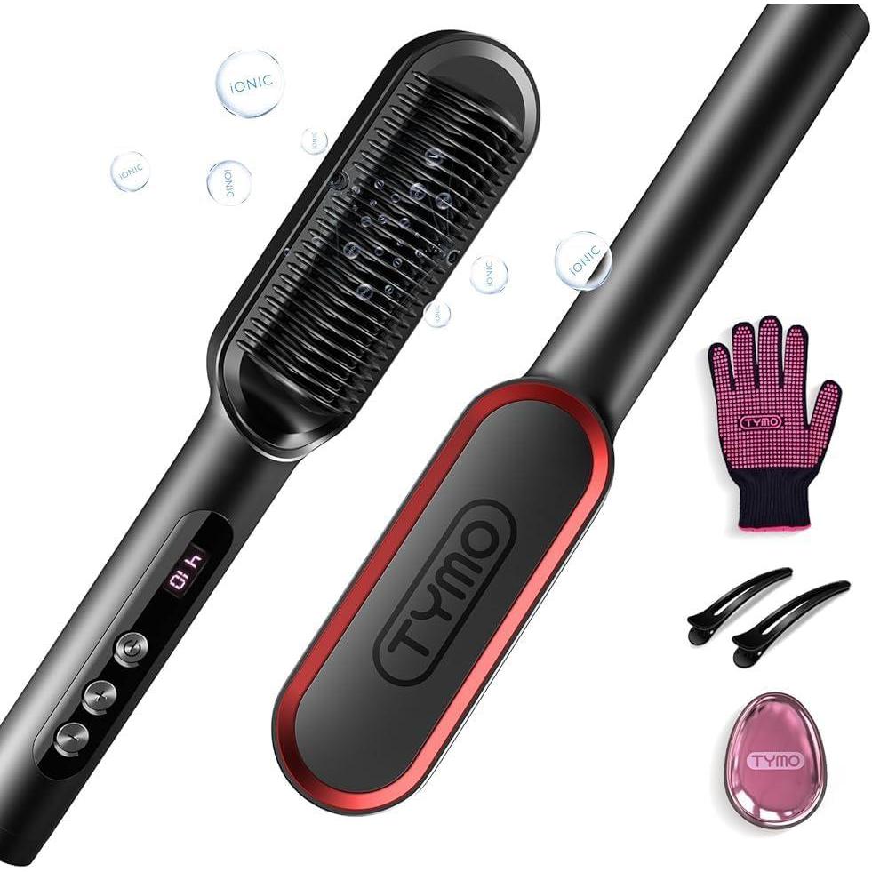 TYMO Ring Plus Ionic Hair Straightener Brush – Straightening Comb with Negative Ions for Women, Titanium Coating, 9 Temp Settings & LED Display, Dual Voltage, Professional Styling Tools(Red)