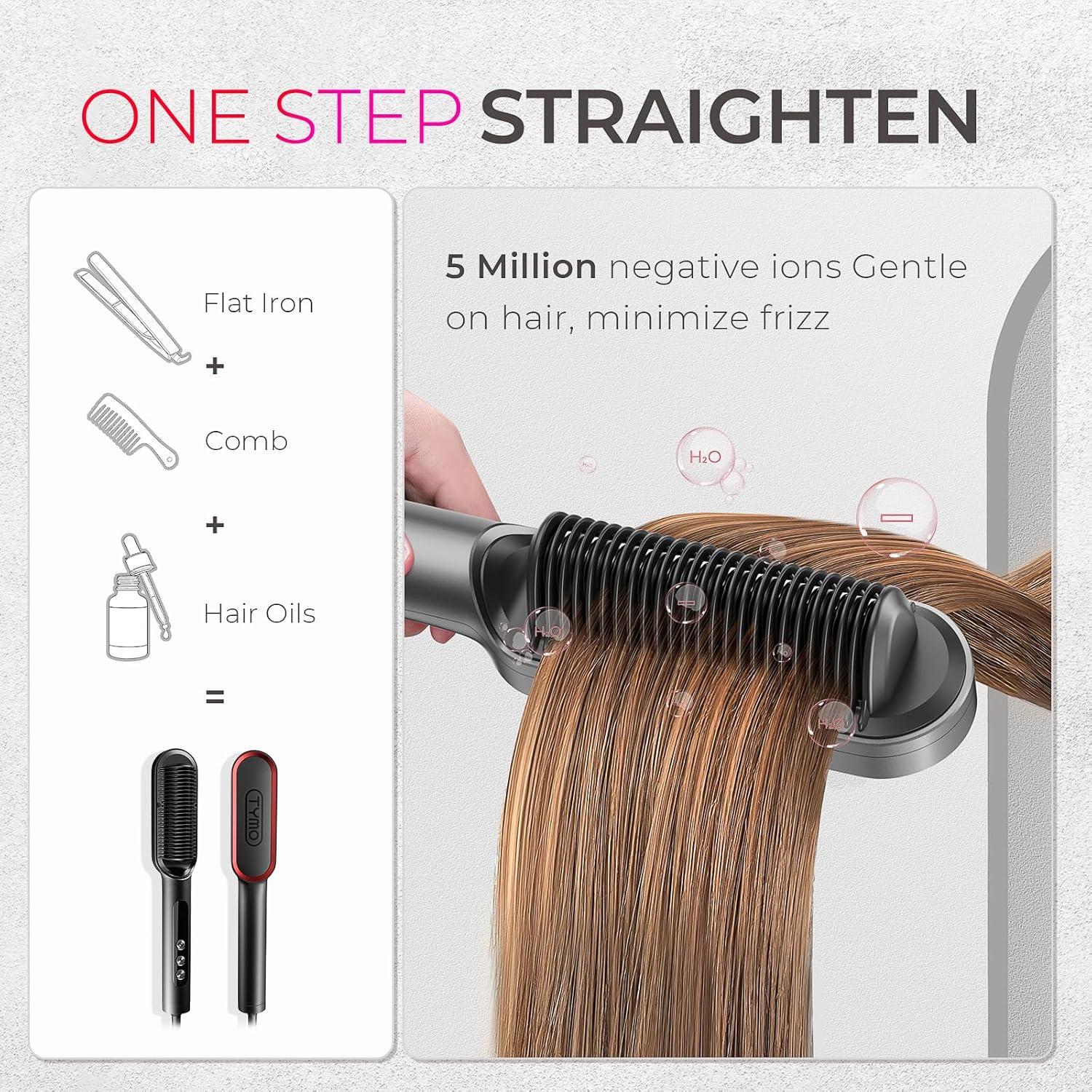 TYMO Ring Plus Ionic Hair Straightener Brush – Straightening Comb with Negative Ions for Women, Titanium Coating, 9 Temp Settings & LED Display, Dual Voltage, Professional Styling Tools(Red)