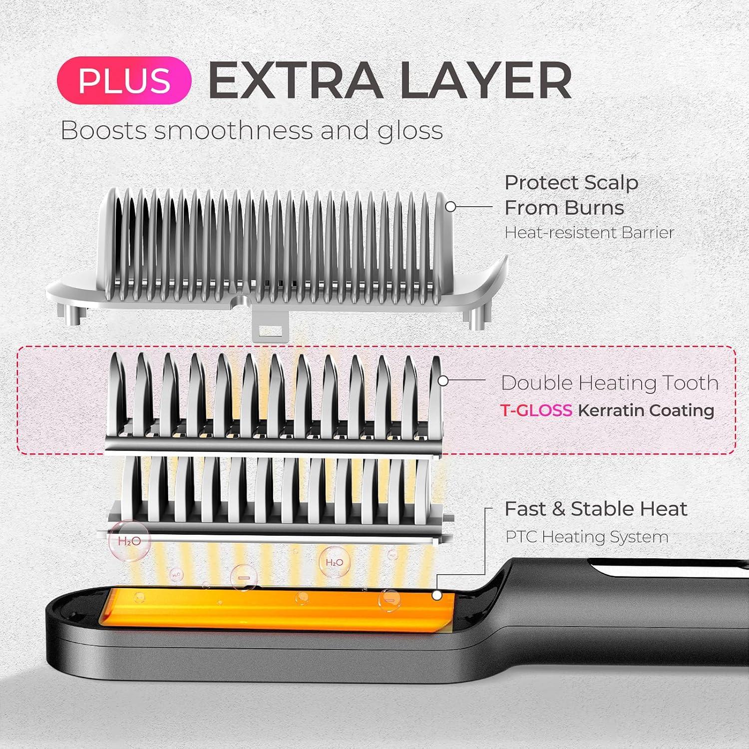TYMO Ring Plus Ionic Hair Straightener Brush – Straightening Comb with Negative Ions for Women, Titanium Coating, 9 Temp Settings & LED Display, Dual Voltage, Professional Styling Tools(Red)