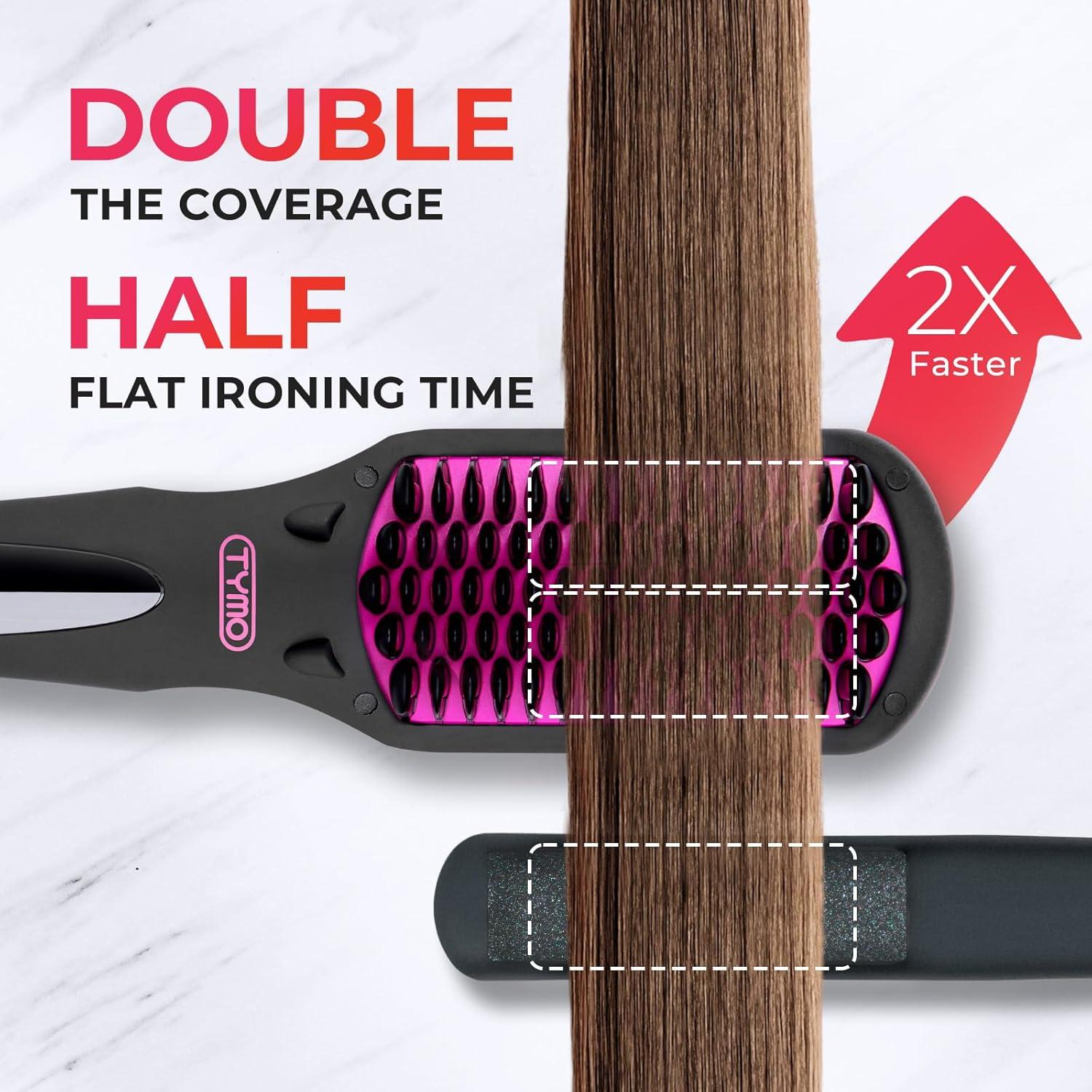 TYMO Ionic Hair Straightener Brush – Straightening Comb with 10M Negative Ions, 25s Heat-up, 16 Temps, Dual Voltage, LED Display | Ceramic Hot Comb Hair Brush Straightener for Women, Pink(Elegant Matte Black)